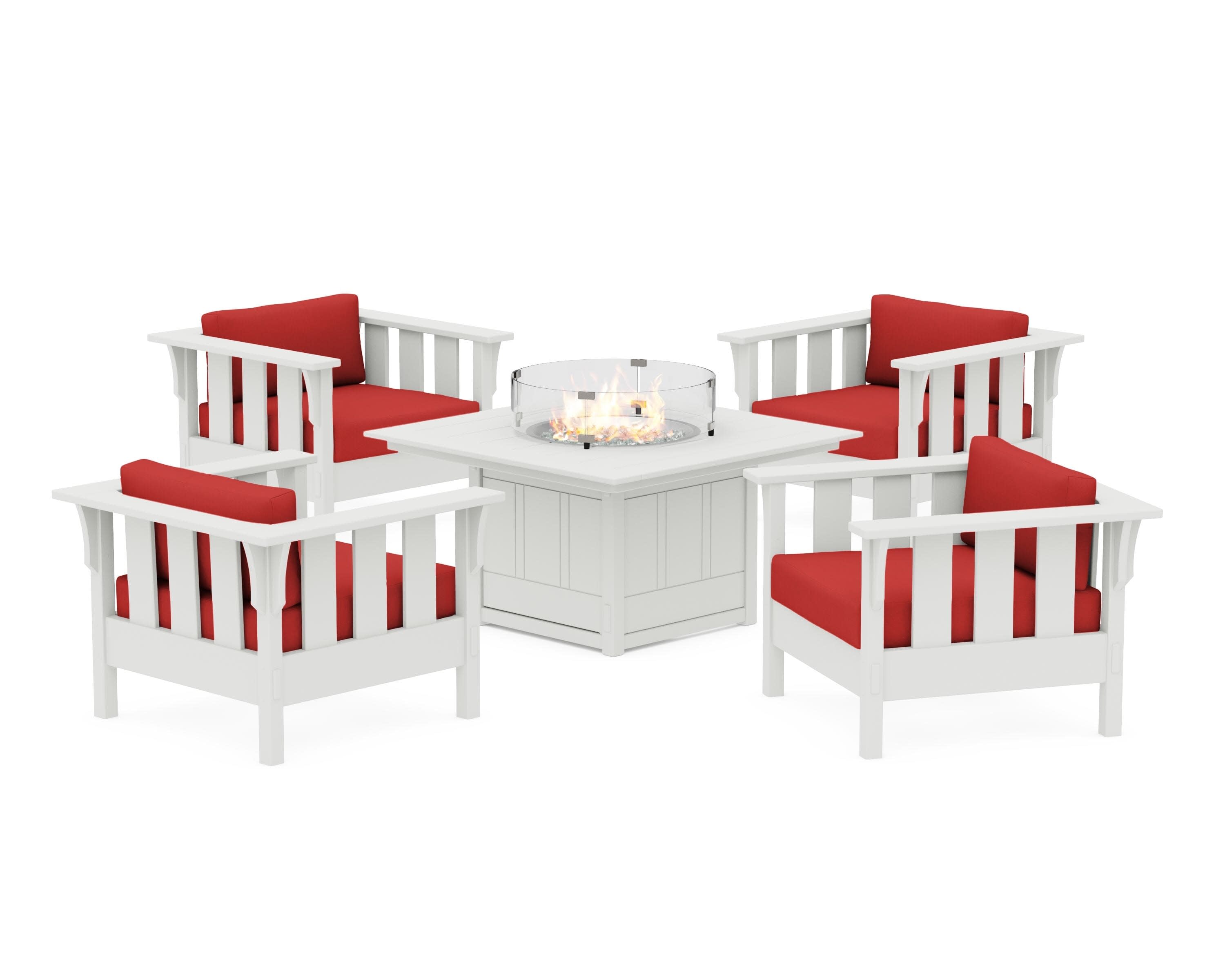 Acadia 5-Piece Deep Seating Set with Fire Pit Table in White / Crimson Linen