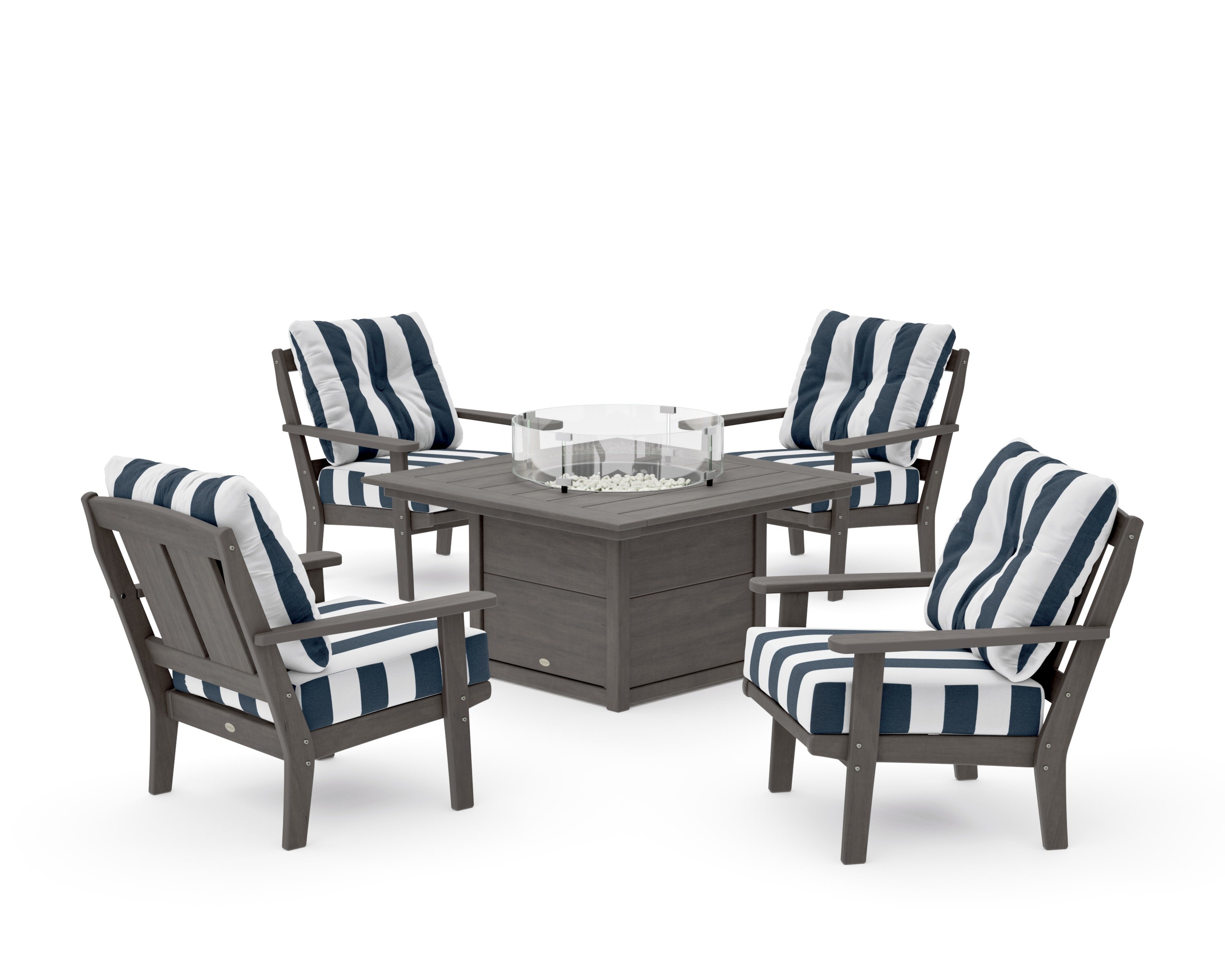 Mission 5-Piece Deep Seating Set with Fire Pit Table in Driftwood / Cabana Stripe Marine Indigo