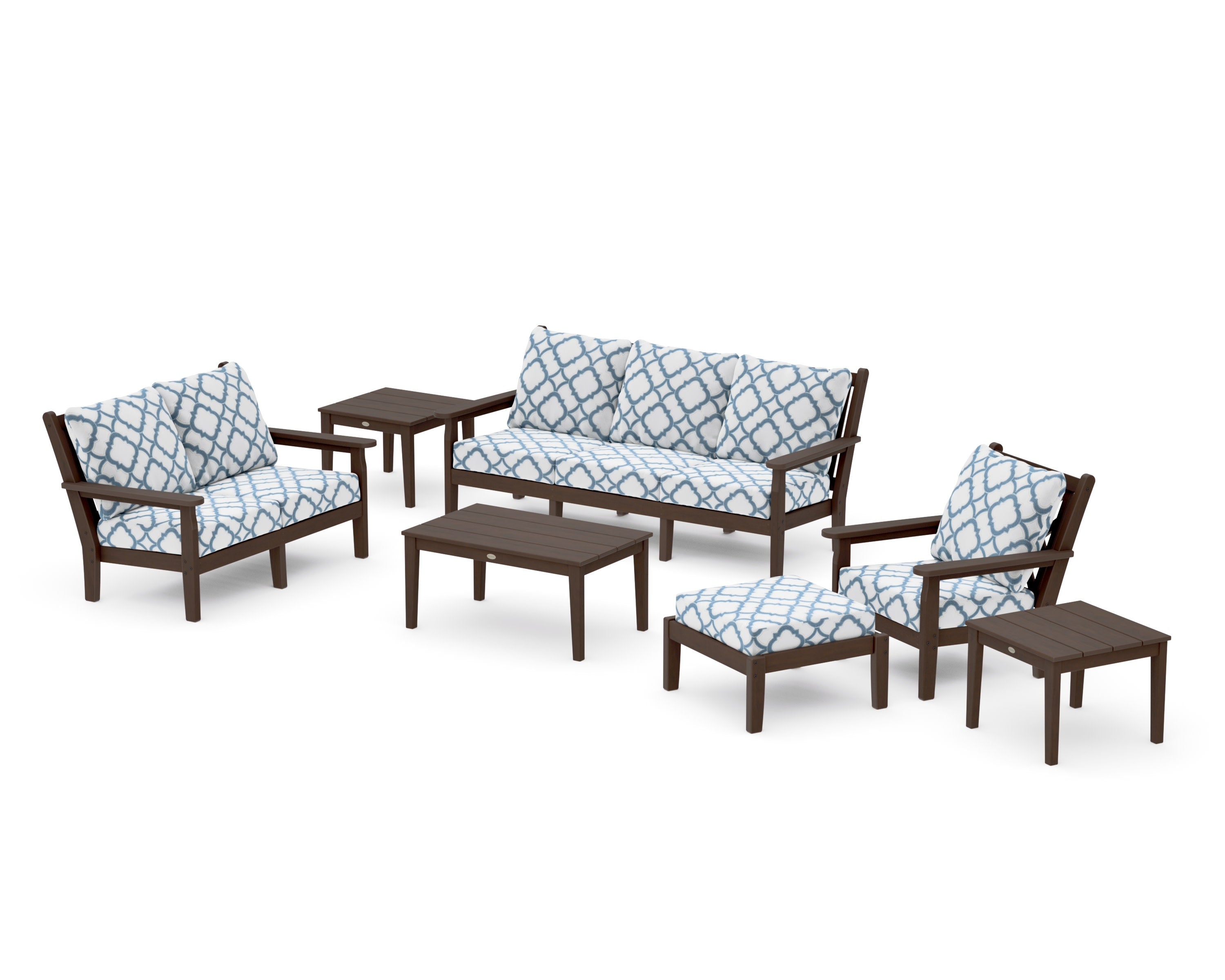 Chippendale 7-Piece Deep Seating Set in Kona / Trellis Sky Blue