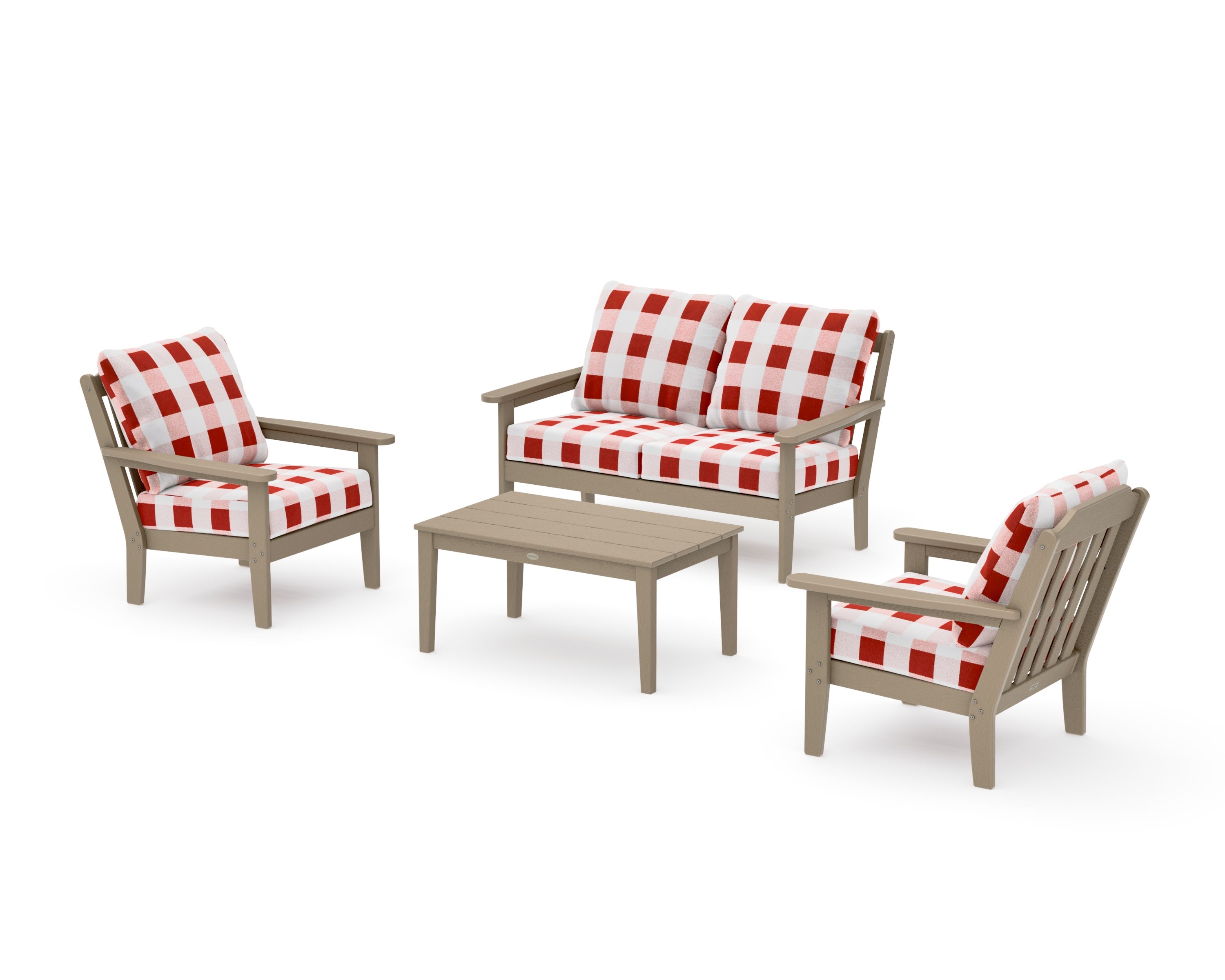 Cottage 4-Piece Deep Seating Set with Loveseat in Vintage Sahara / Buffalo Plaid Crimson