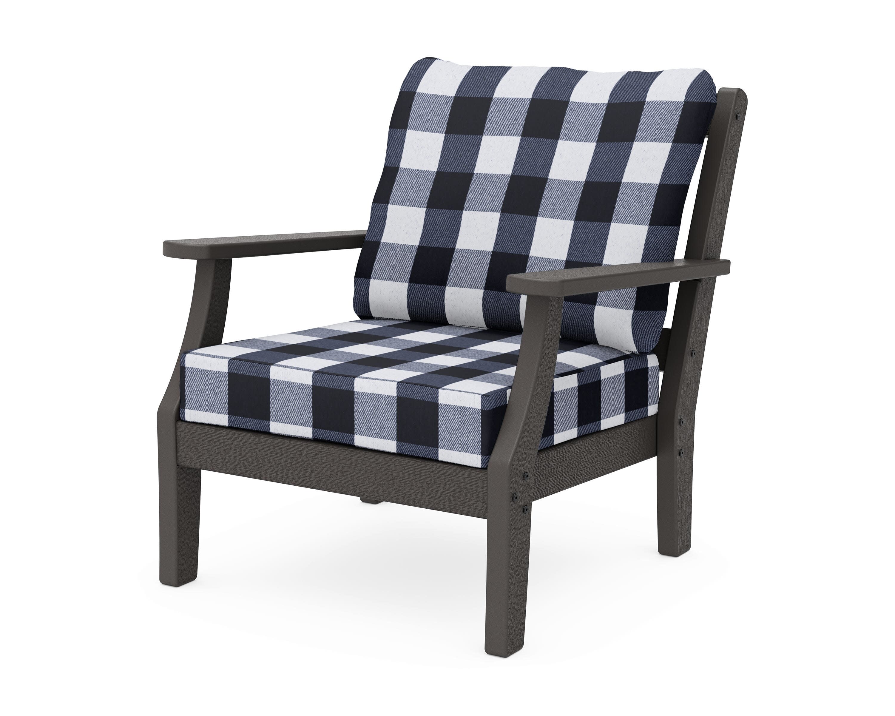 Chinoiserie Deep Seating Chair in Vintage Coffee / Buffalo Plaid Marine Indigo