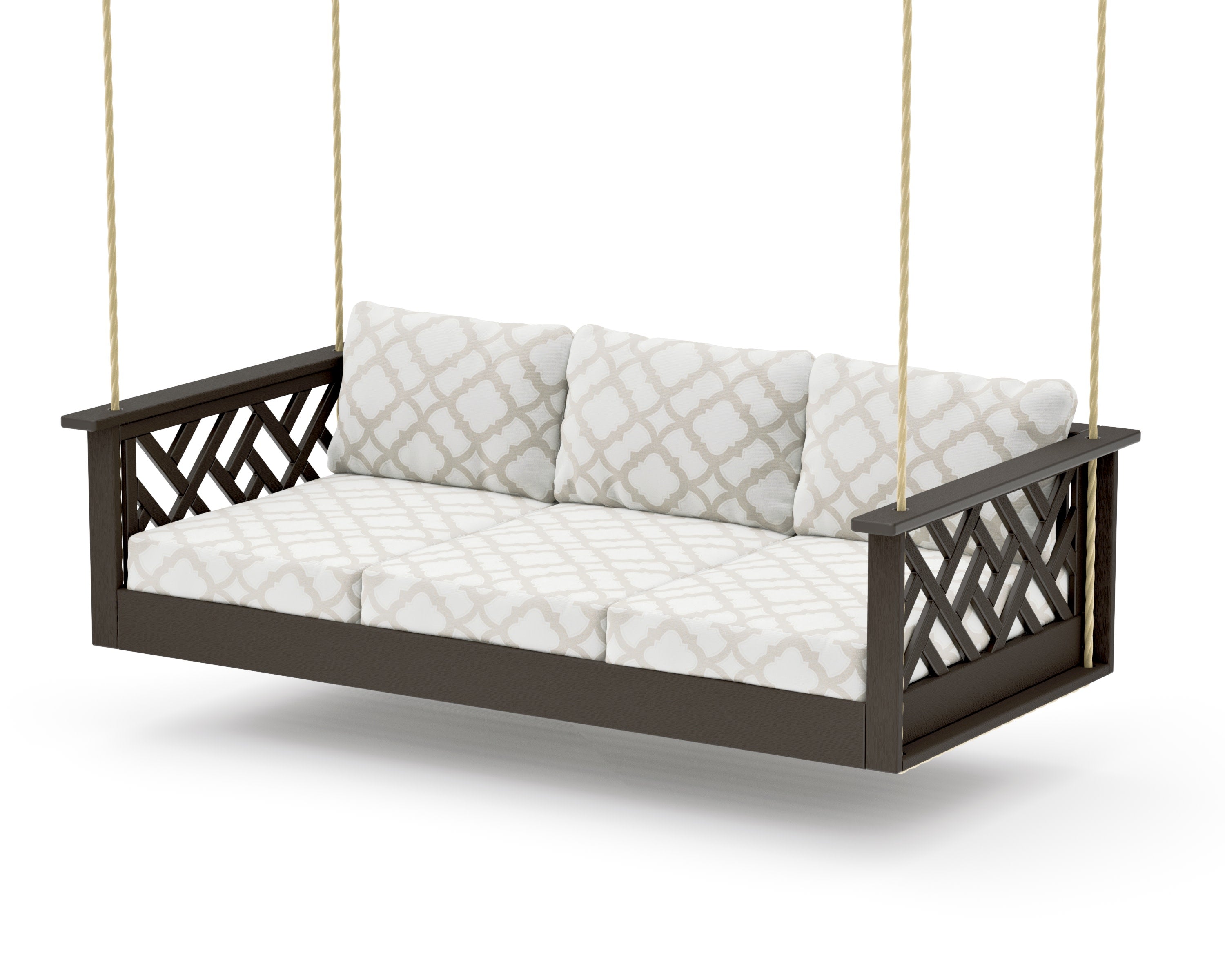 Chippendale Daybed Swing in Vintage Coffee / Trellis Dune Burlap