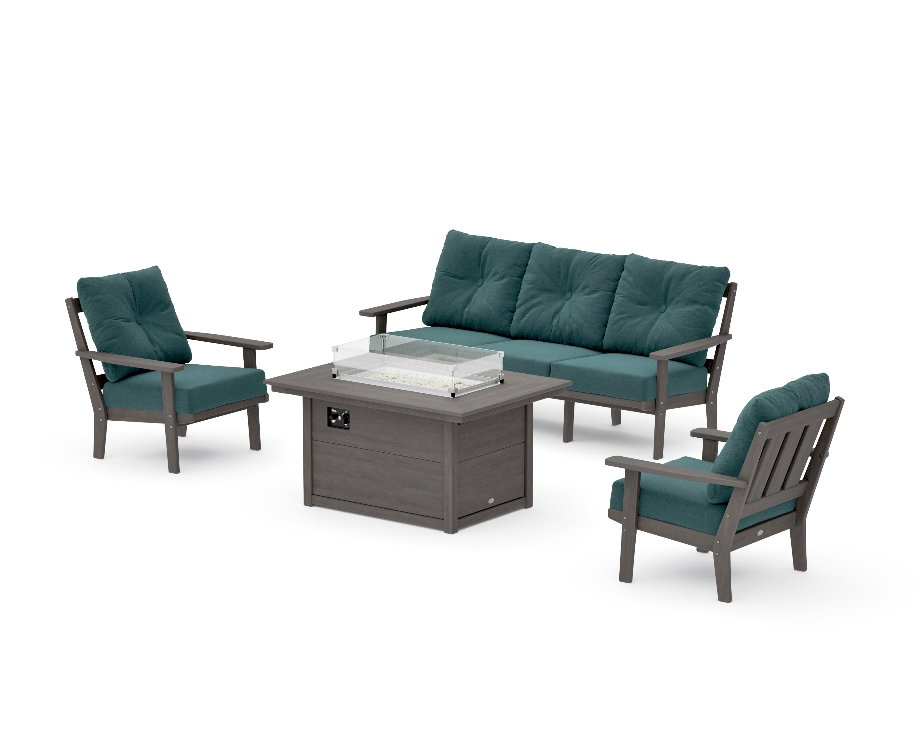 Oxford Deep Seating Fire Pit Table Set in Driftwood / Ocean Teal