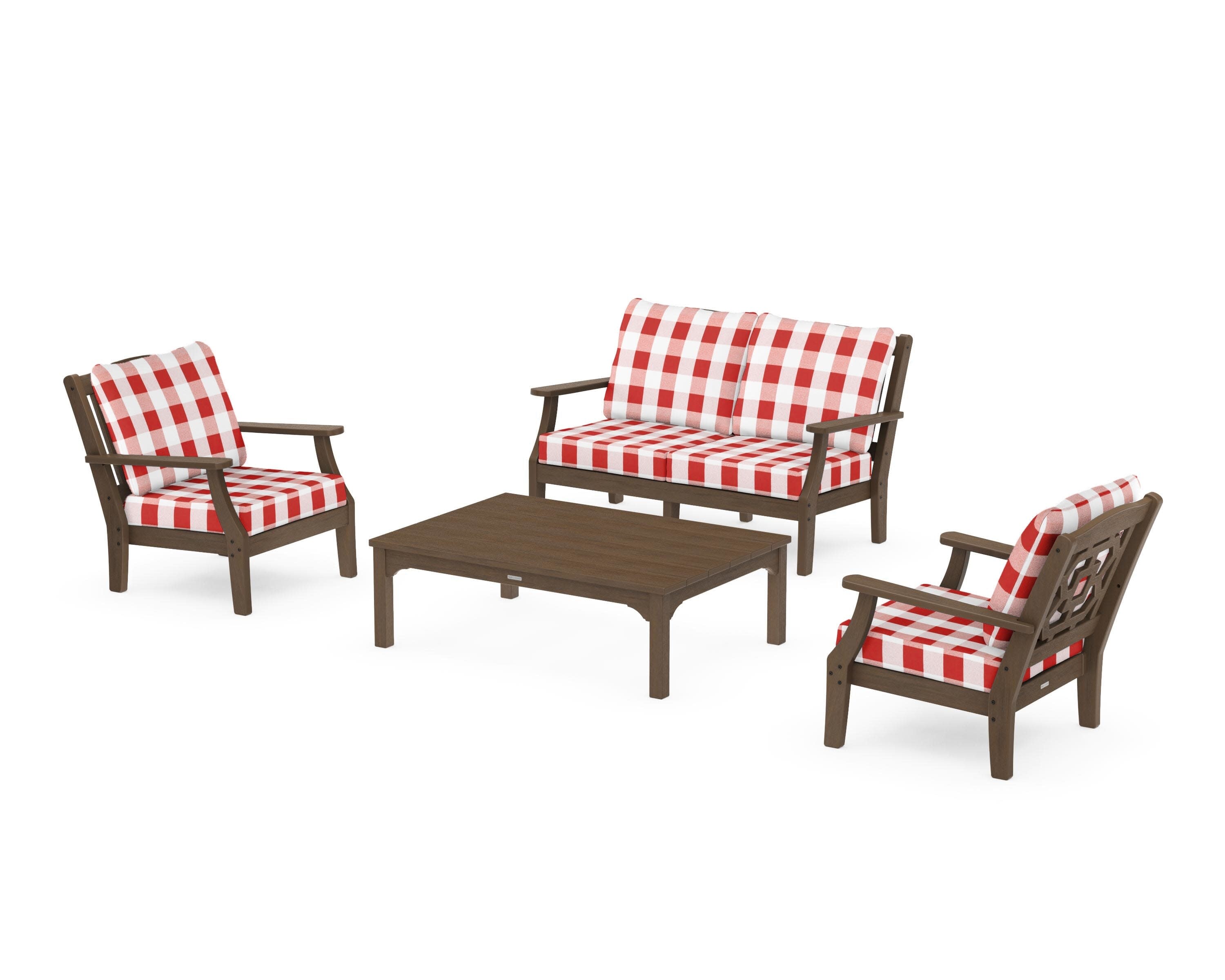 Chinoiserie 4-Piece Deep Seating Set with Loveseat in Kona / Buffalo Plaid Crimson