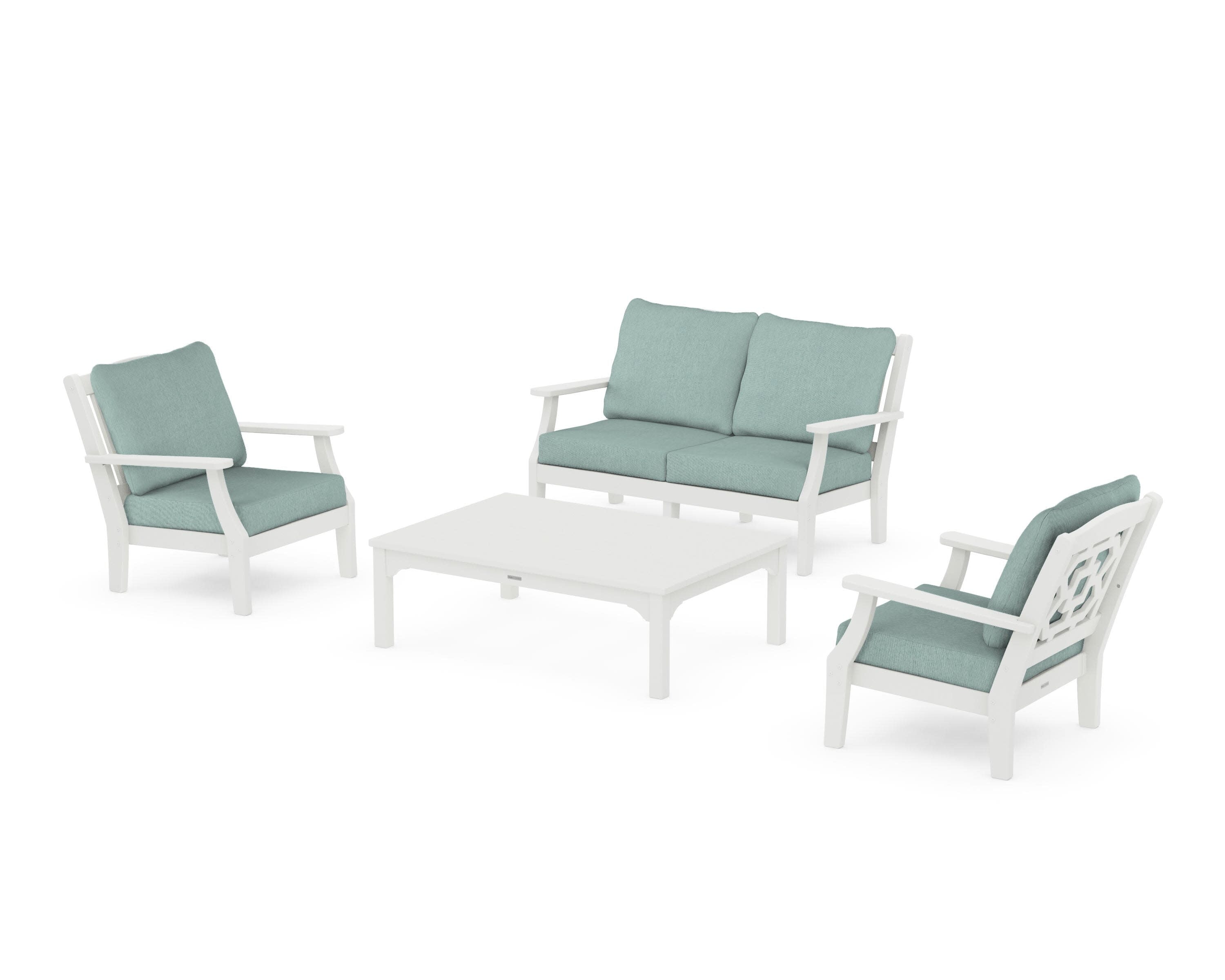 Chinoiserie 4-Piece Deep Seating Set with Loveseat in Vintage White / Glacier Spa
