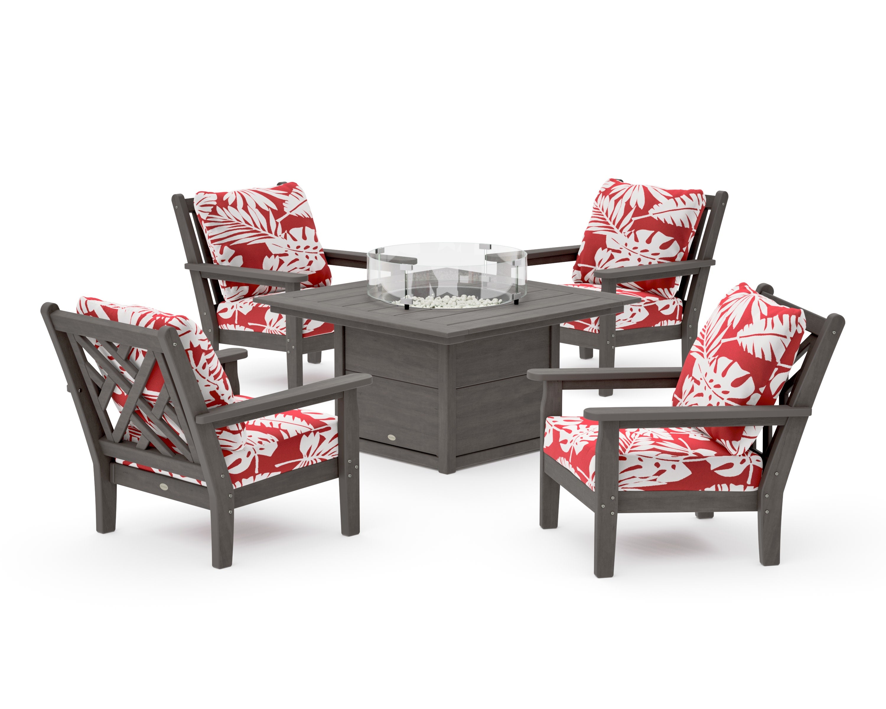 Chippendale 5-Piece Deep Seating Set with Fire Pit Table in Driftwood / Leaf Crimson