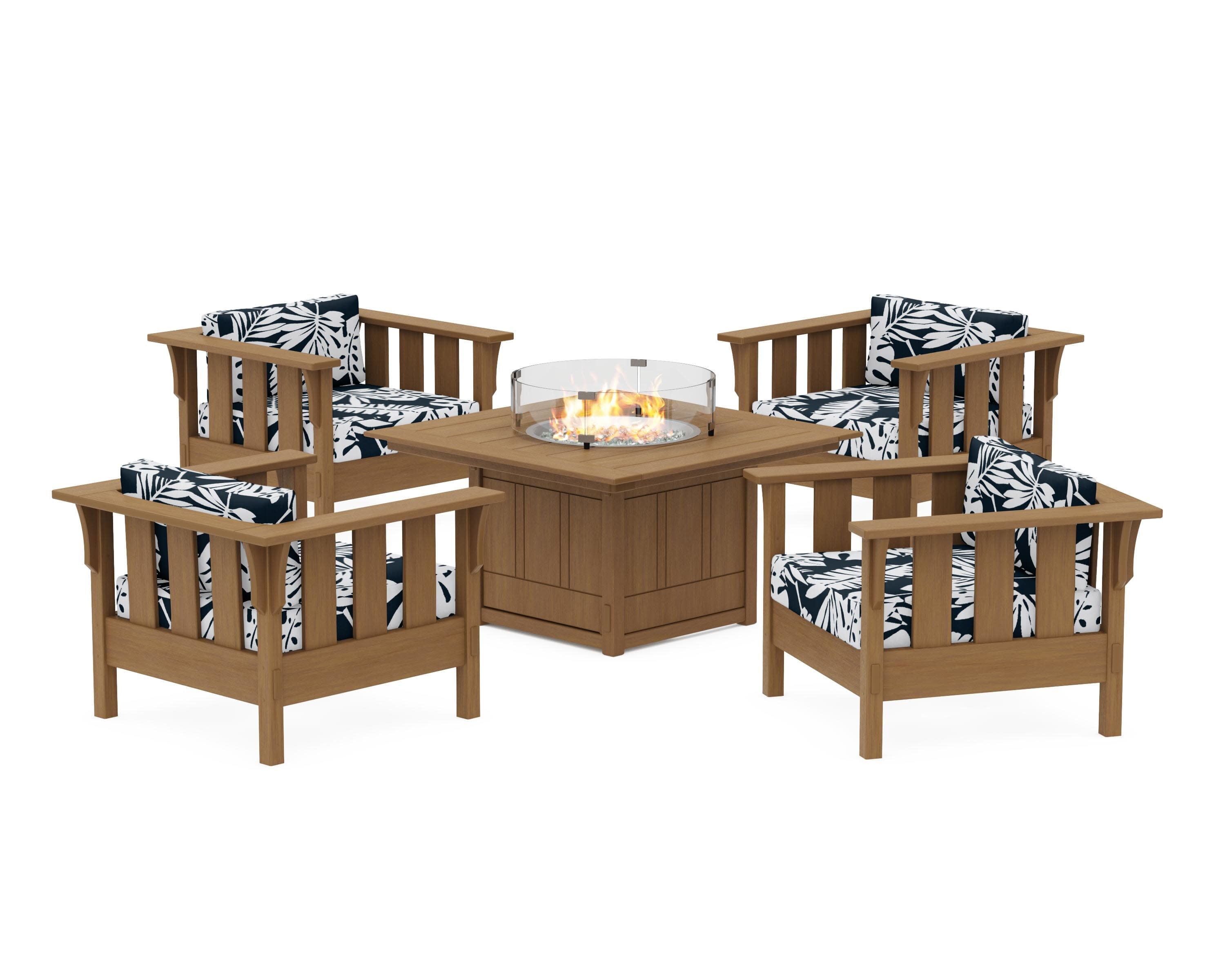 Acadia 5-Piece Deep Seating Set with Fire Pit Table in Natural / Leaf Marine Indigo