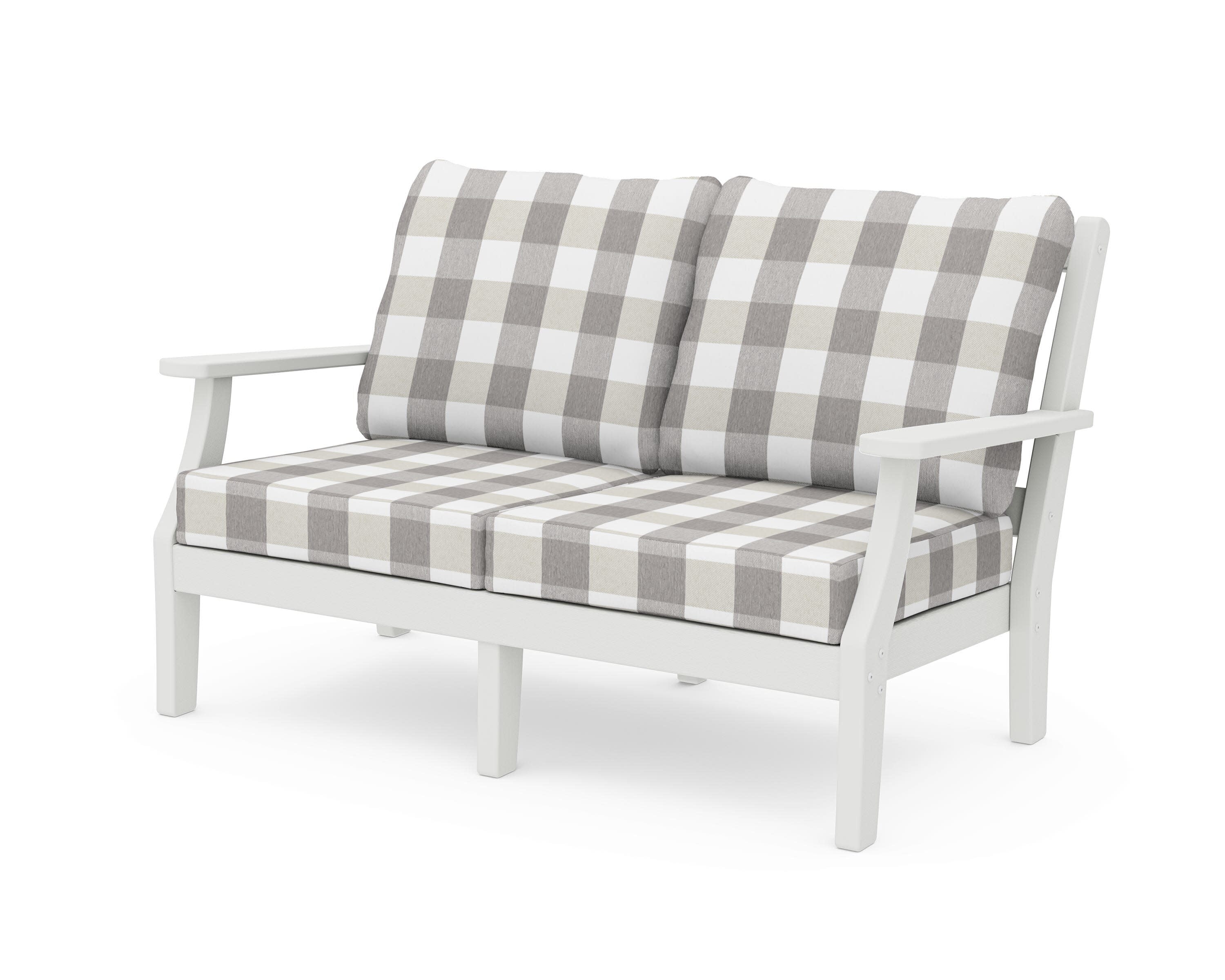Chinoiserie Deep Seating Loveseat in Vintage White / Buffalo Plaid Grey Mist