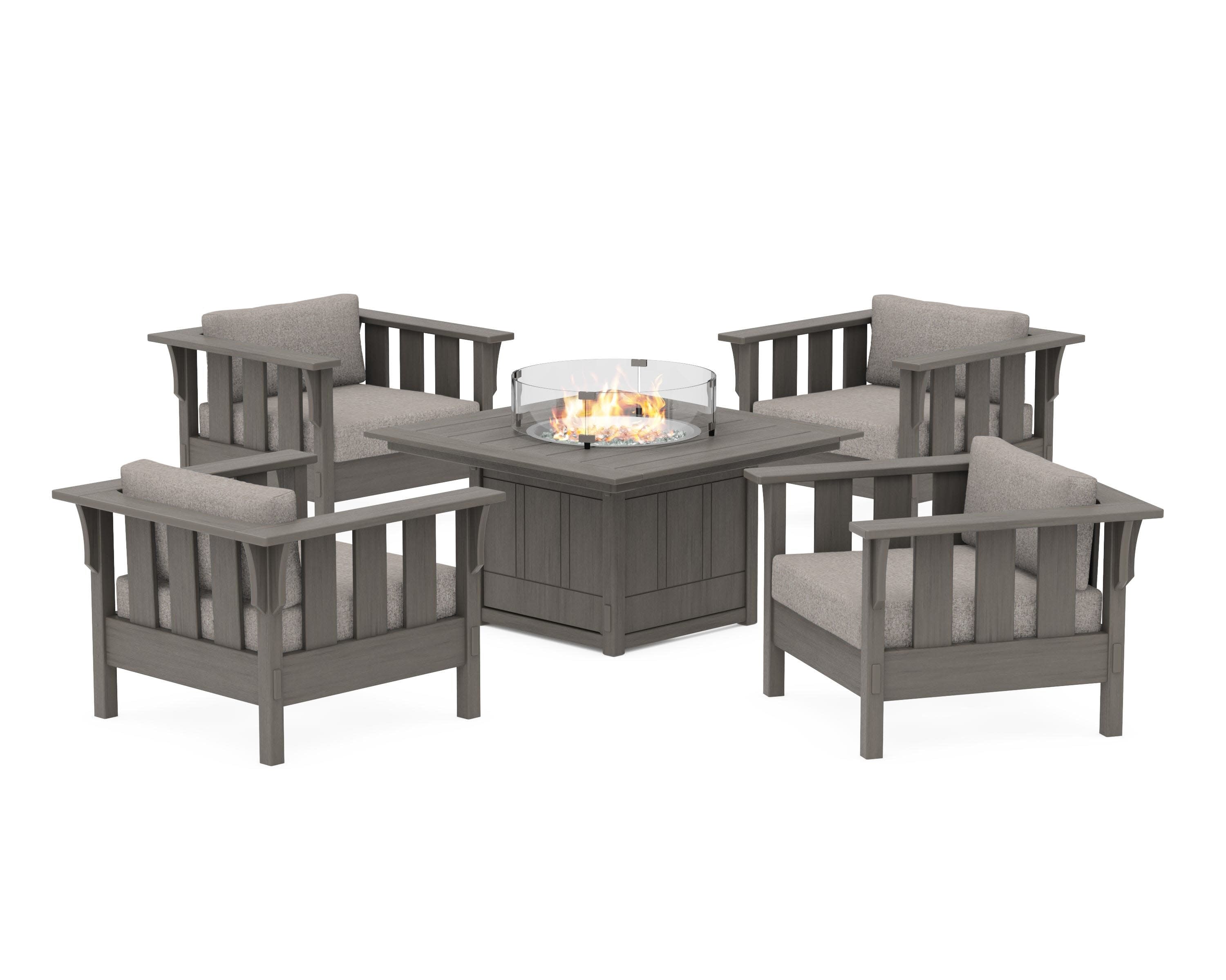 Acadia 5-Piece Deep Seating Set with Fire Pit Table in Driftwood / Weathered Tweed