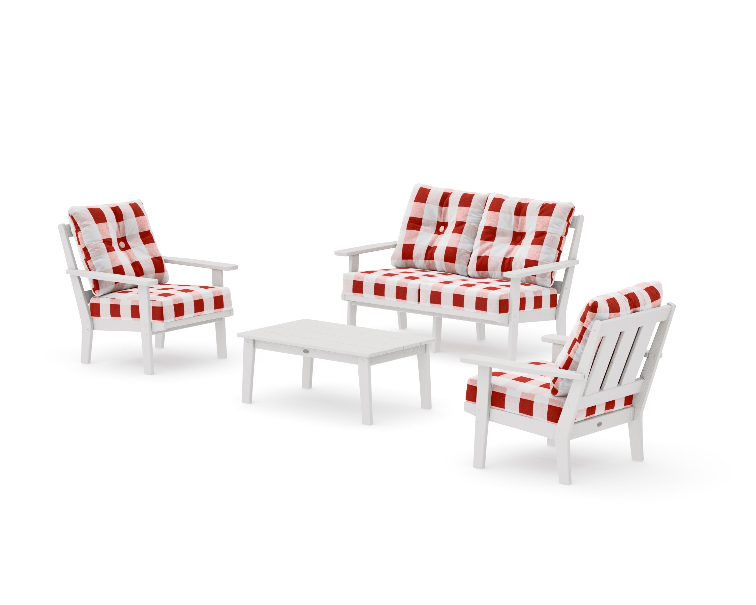 Oxford 4-Piece Deep Seating Set with Loveseat in Vintage White / Buffalo Plaid Crimson