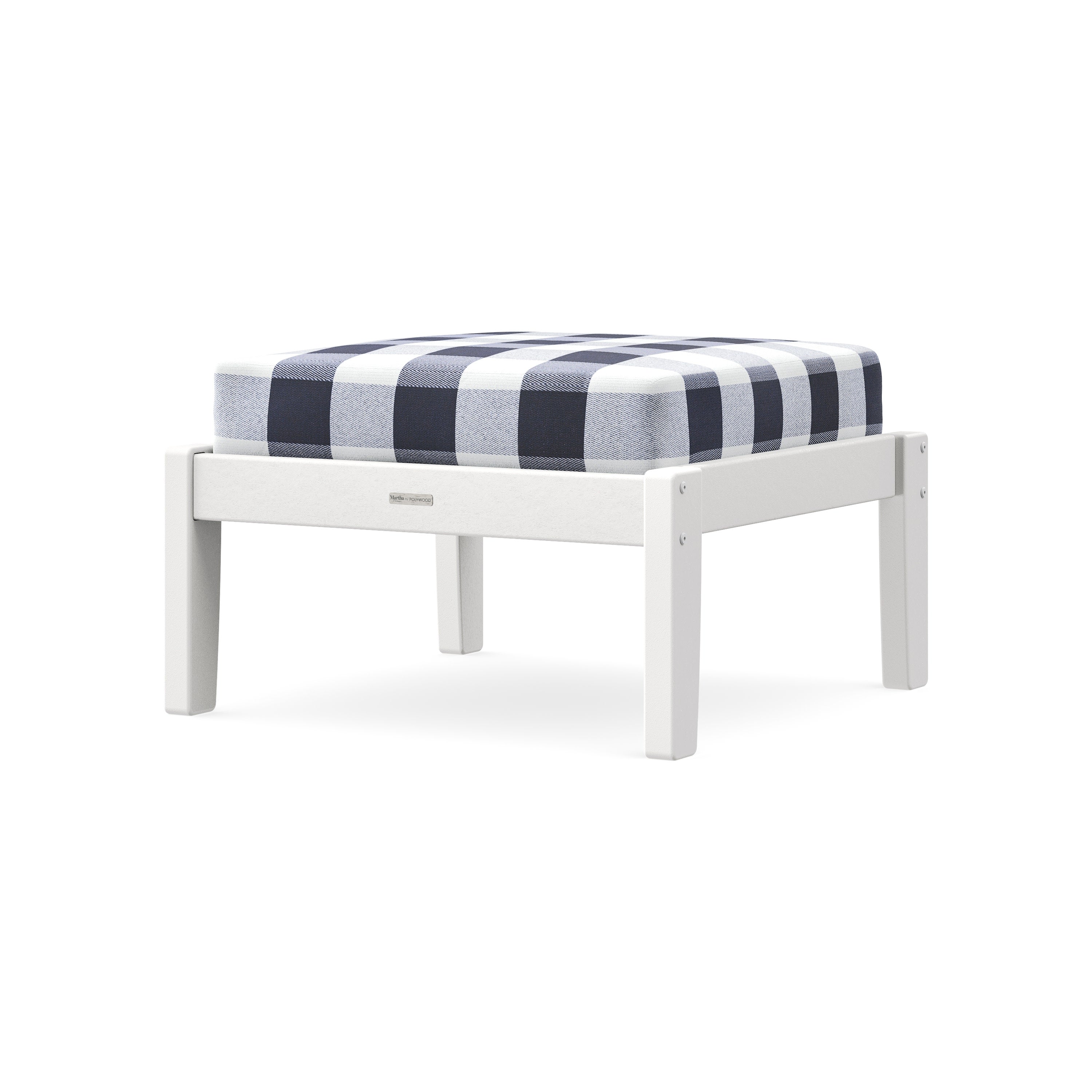 Chinoiserie Deep Seating Ottoman in White / Buffalo Plaid Navy