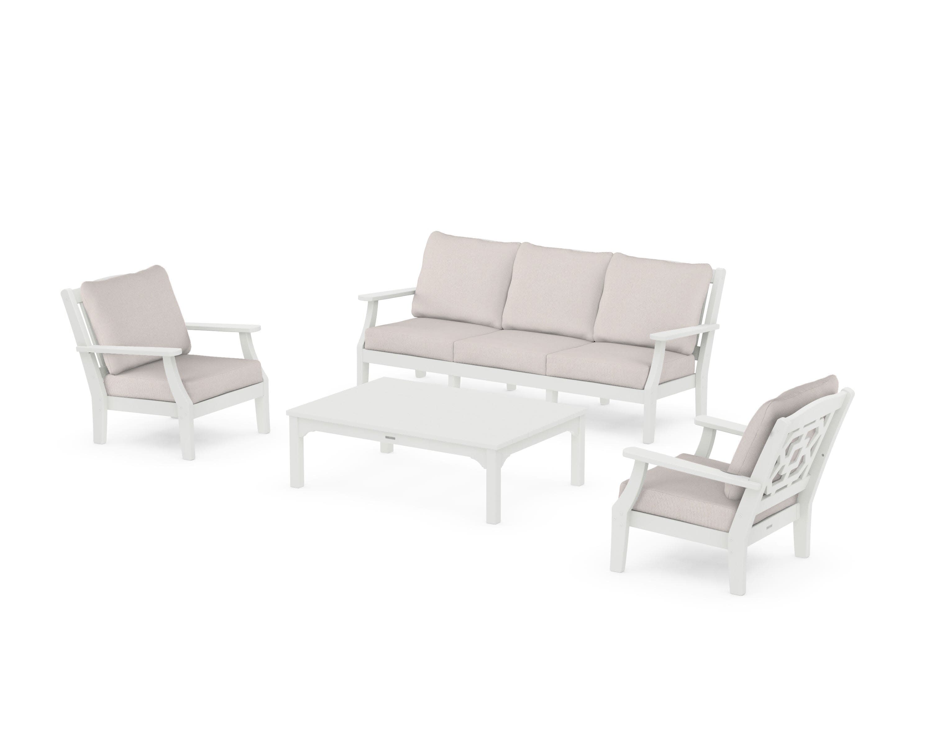 Chinoiserie 4-Piece Deep Seating Set with Sofa in Vintage White / Dune Burlap