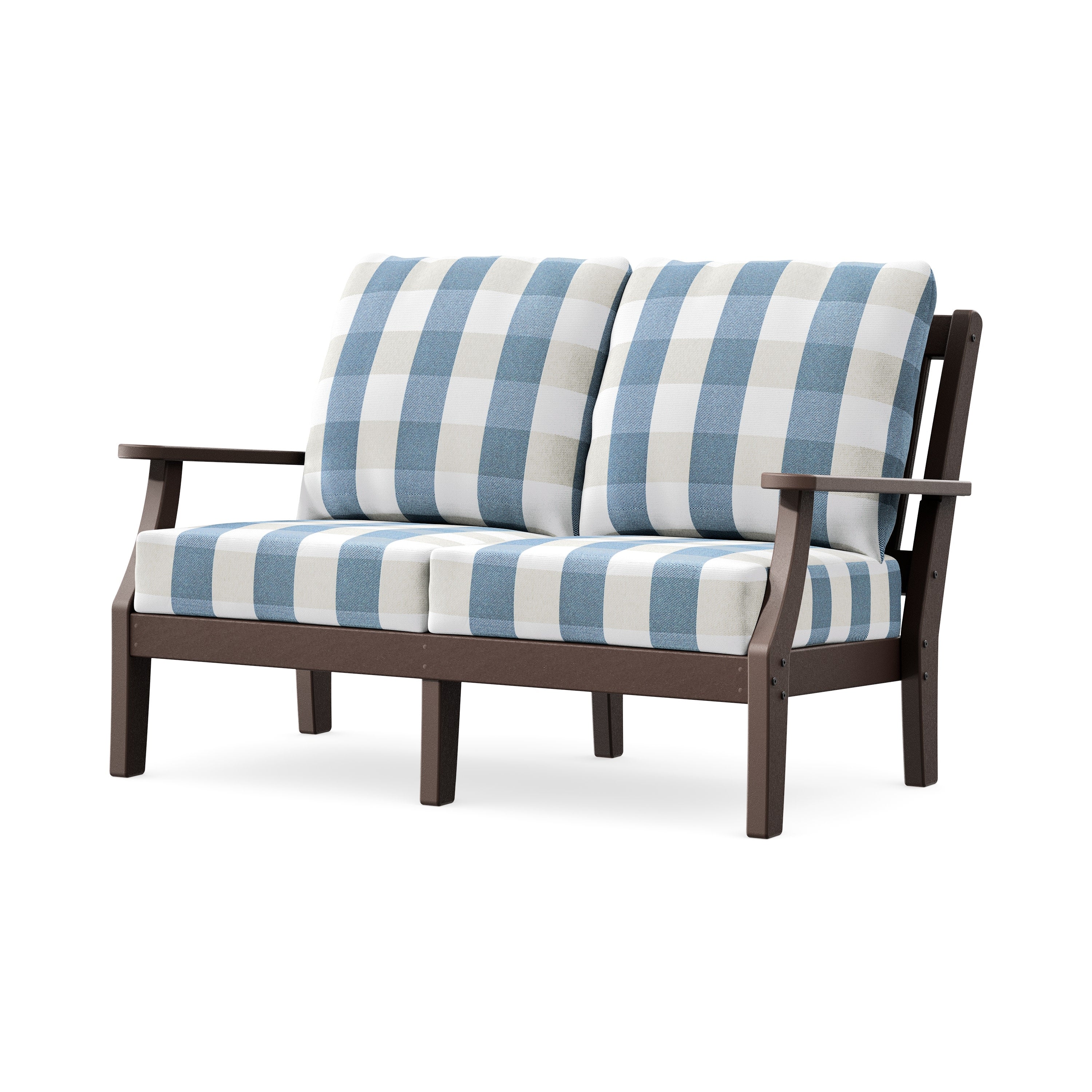 Chinoiserie Deep Seating Loveseat in Mahogany / Buffalo Plaid Sky Blue