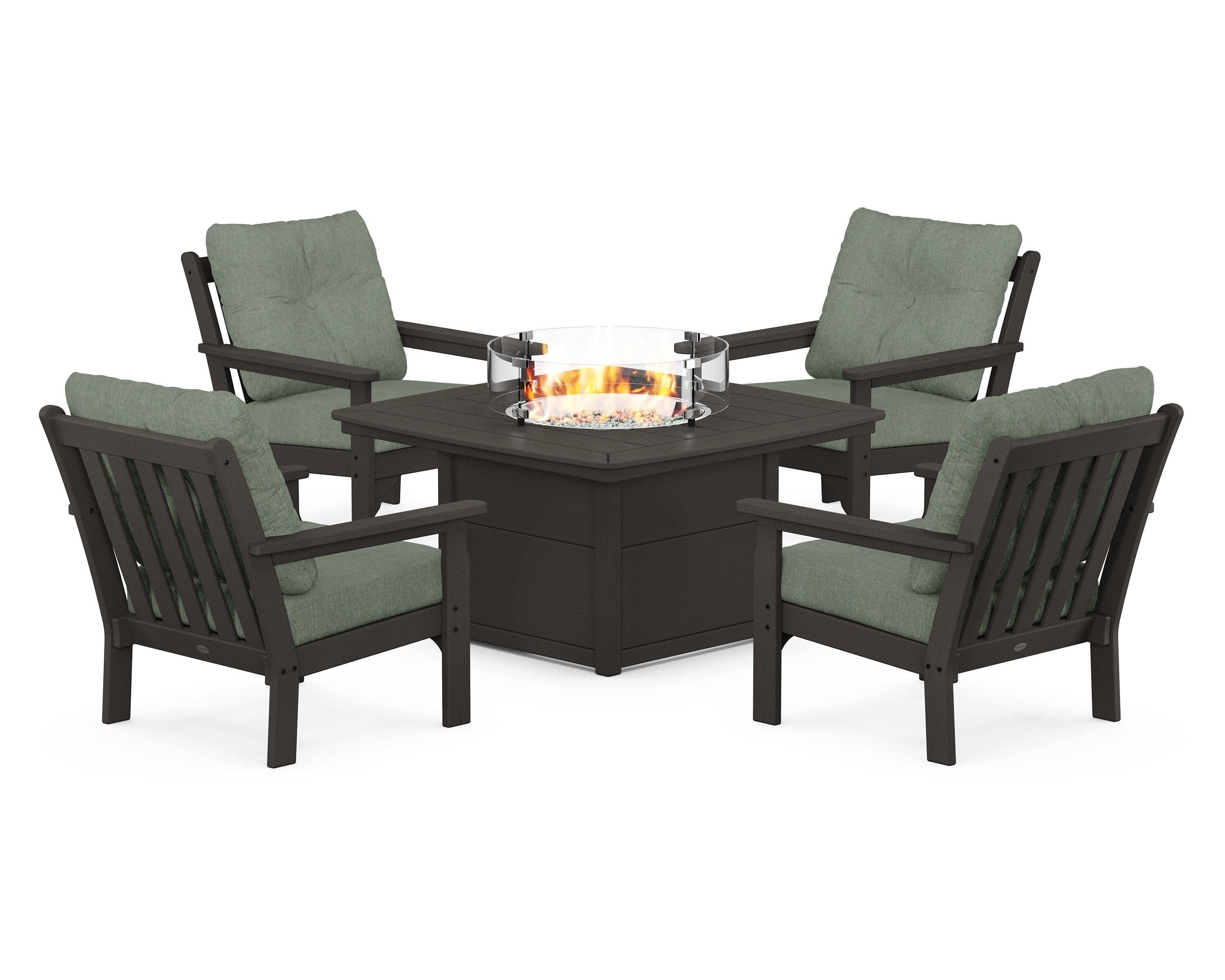 Vineyard 5-Piece Conversation Set with Fire Pit Table in Vintage Coffee / Cast Sage