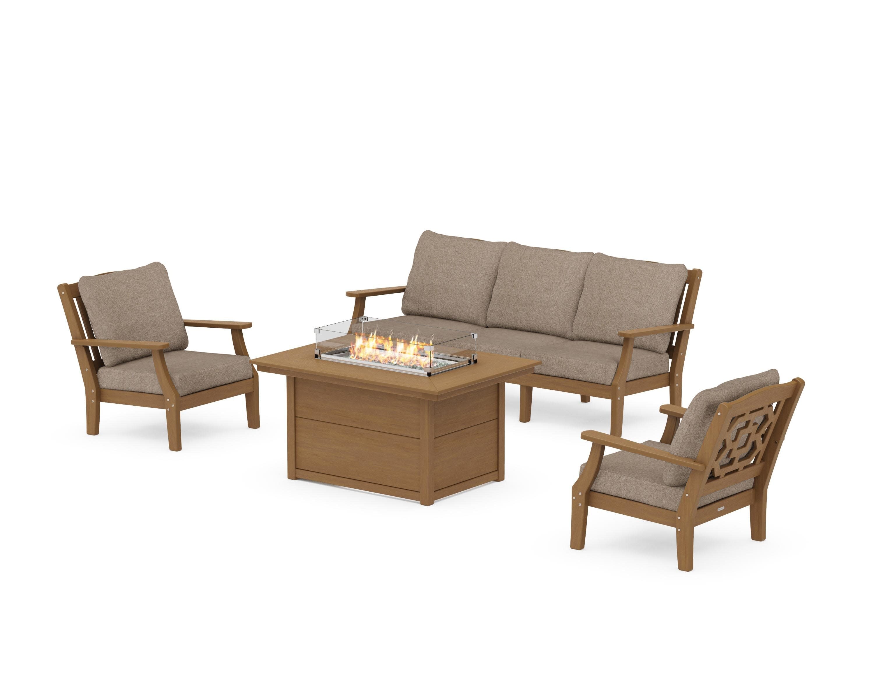 Chinoiserie Deep Seating Fire Pit Table Set in Natural / Spiced Burlap