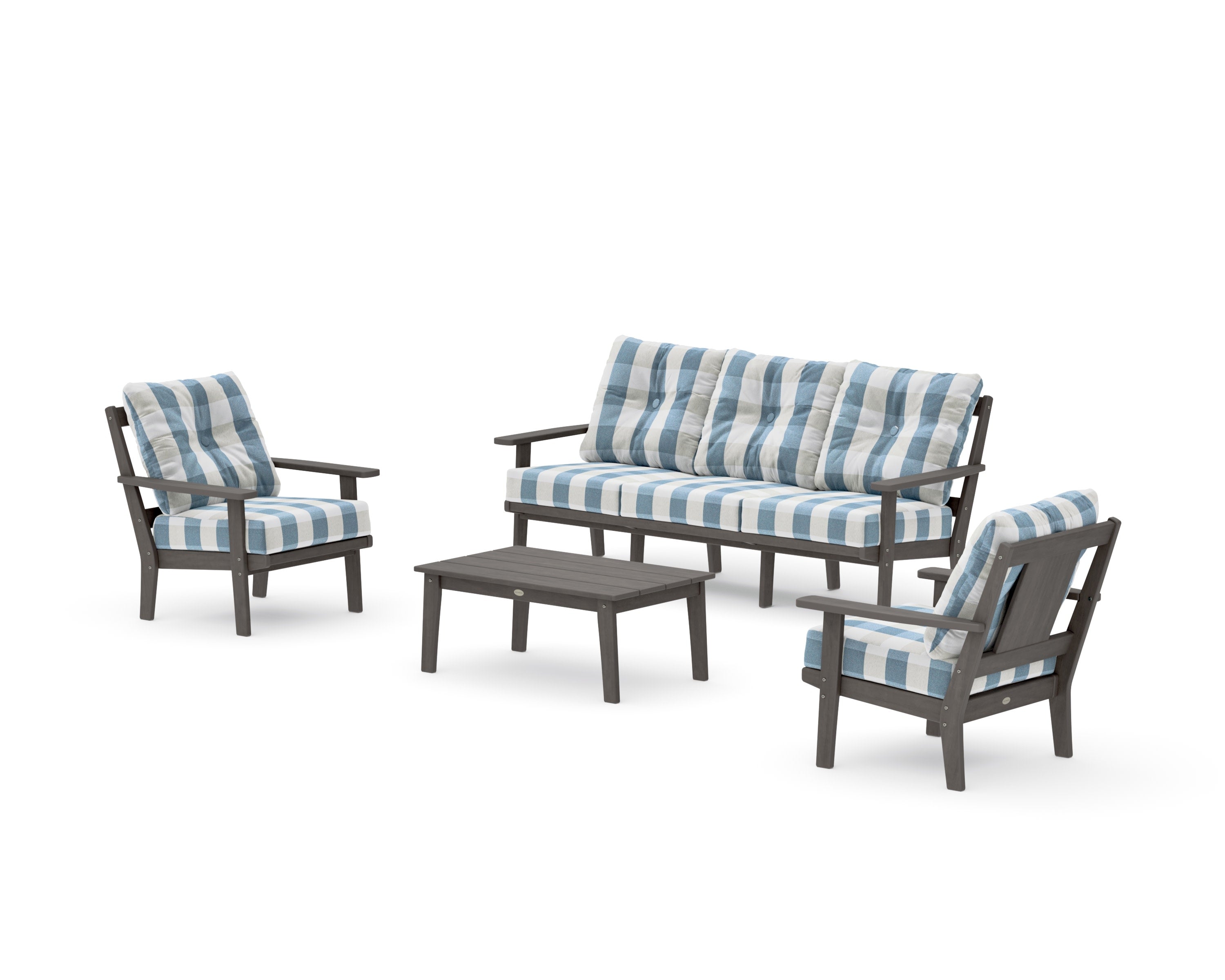 Prairie 4-Piece Deep Seating Set with Sofa in Driftwood / Buffalo Plaid Sky Blue