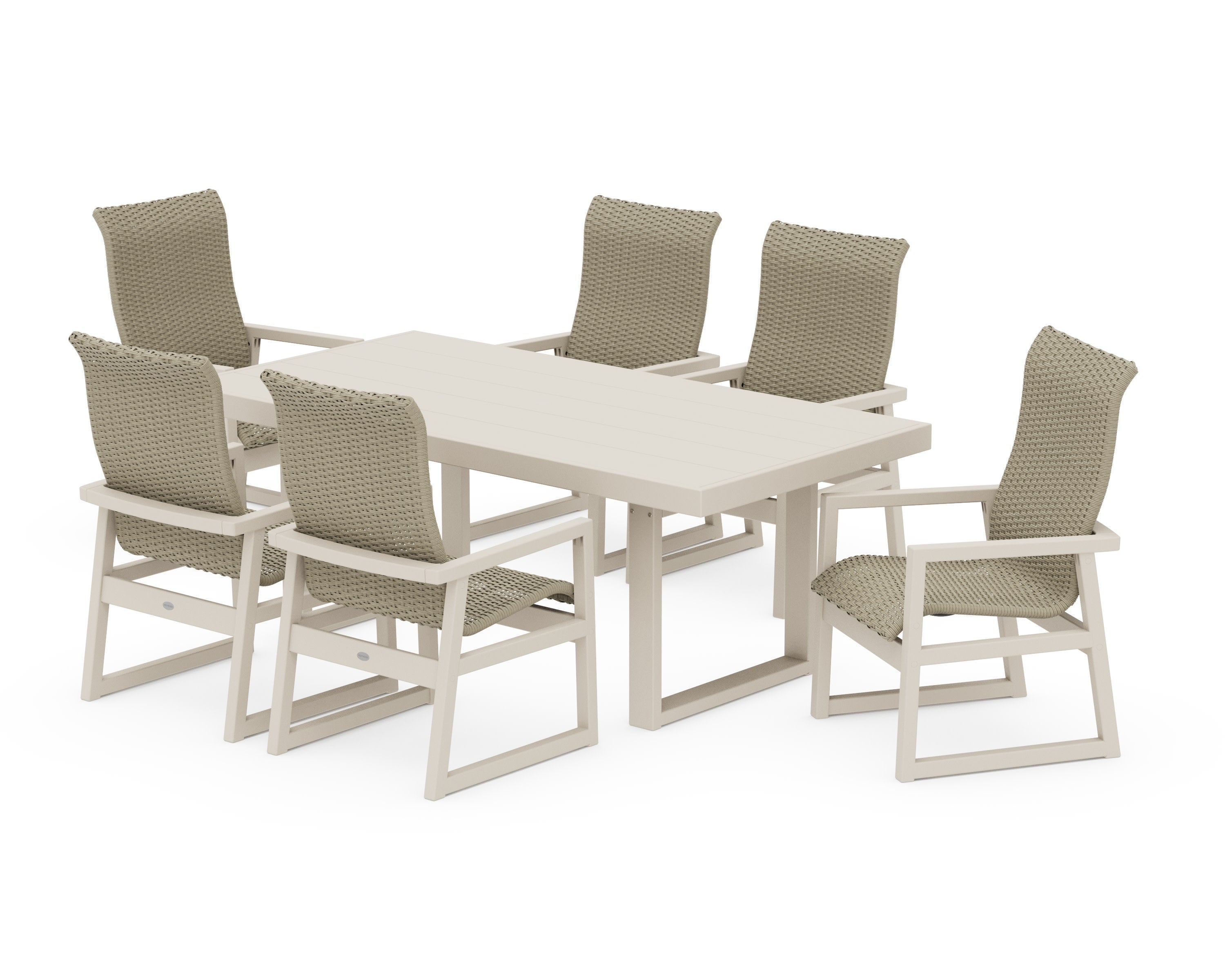 EDGE Woven Highback Arm Chair 7-Piece Dining Set in Sand / Dune Grass