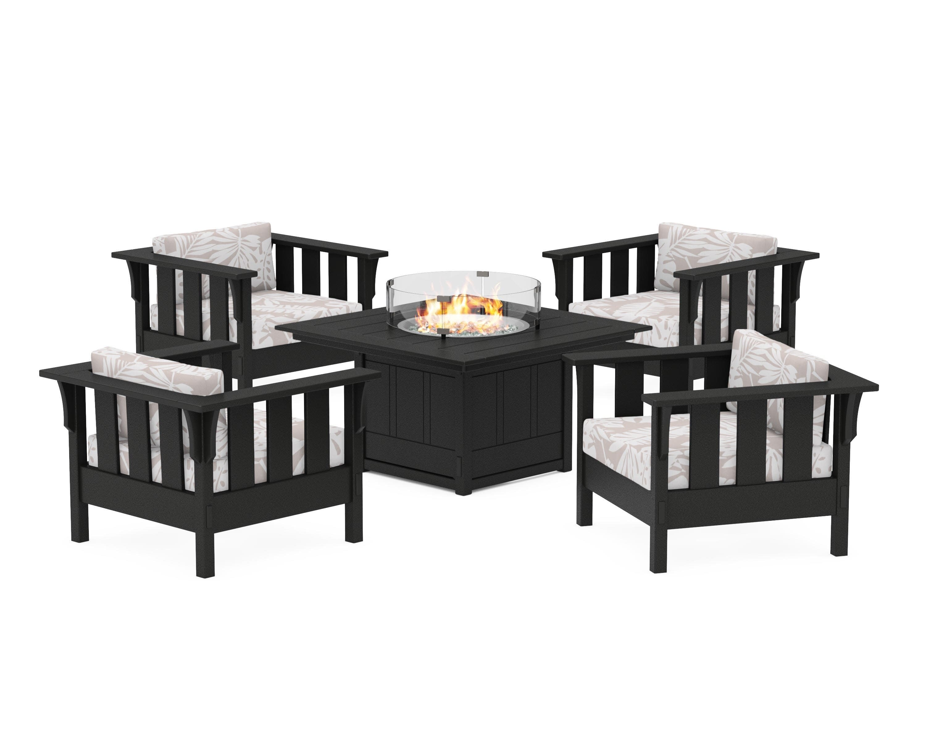 Acadia 5-Piece Deep Seating Set with Fire Pit Table in Black / Leaf Dune Burlap