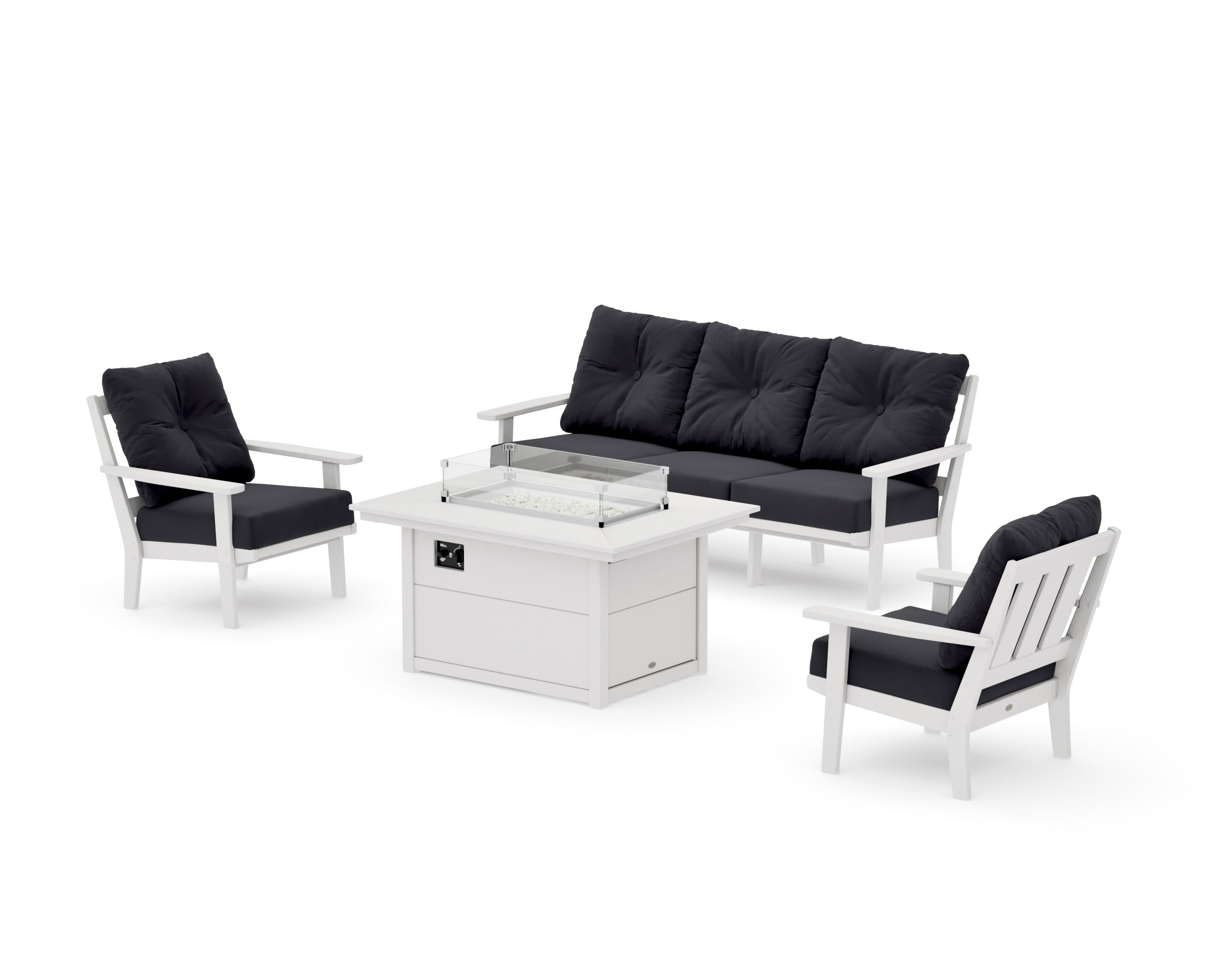 Oxford Deep Seating Fire Pit Table Set in Vintage White / Midnight Linen