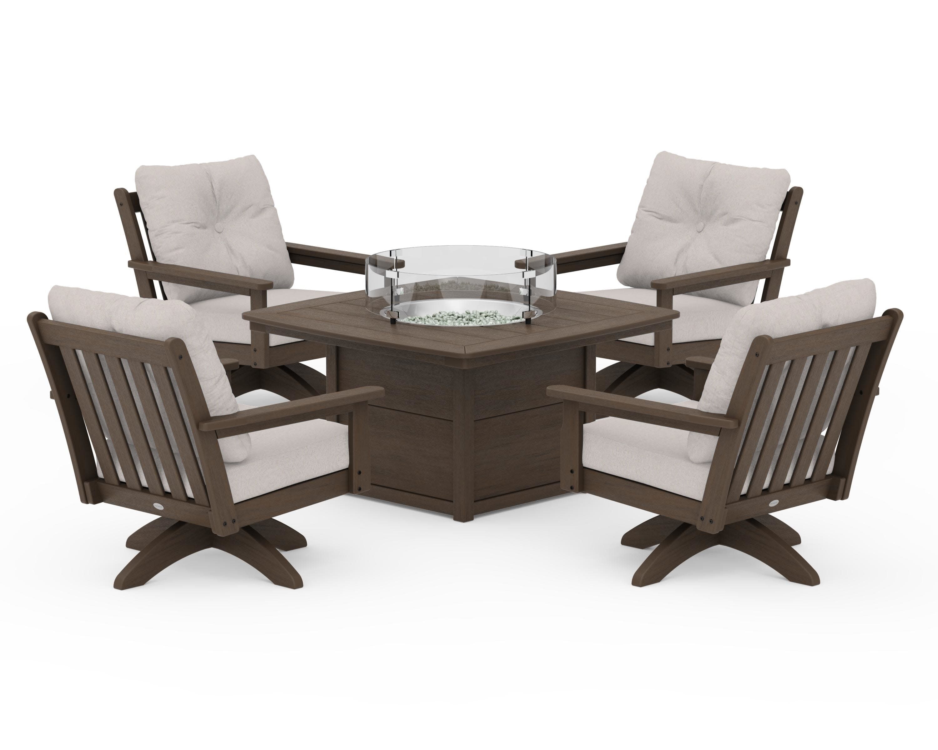 Vineyard 5-Piece Deep Seating Swivel Conversation Set with Fire Pit Table in Kona / Dune Burlap