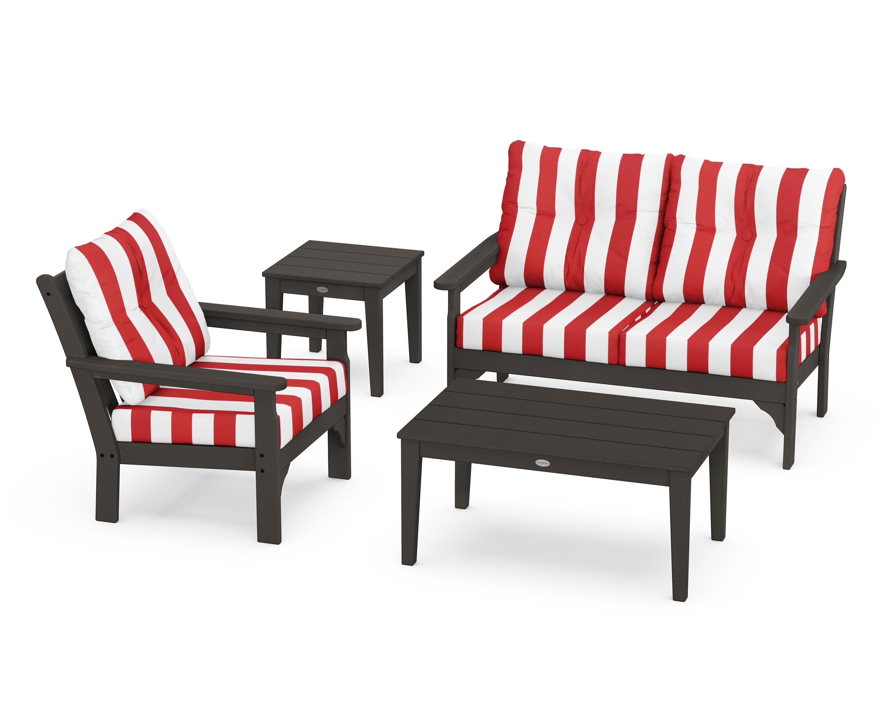 Vineyard 4-Piece Deep Seating Set in Vintage Coffee / Cabana Stripe Crimson