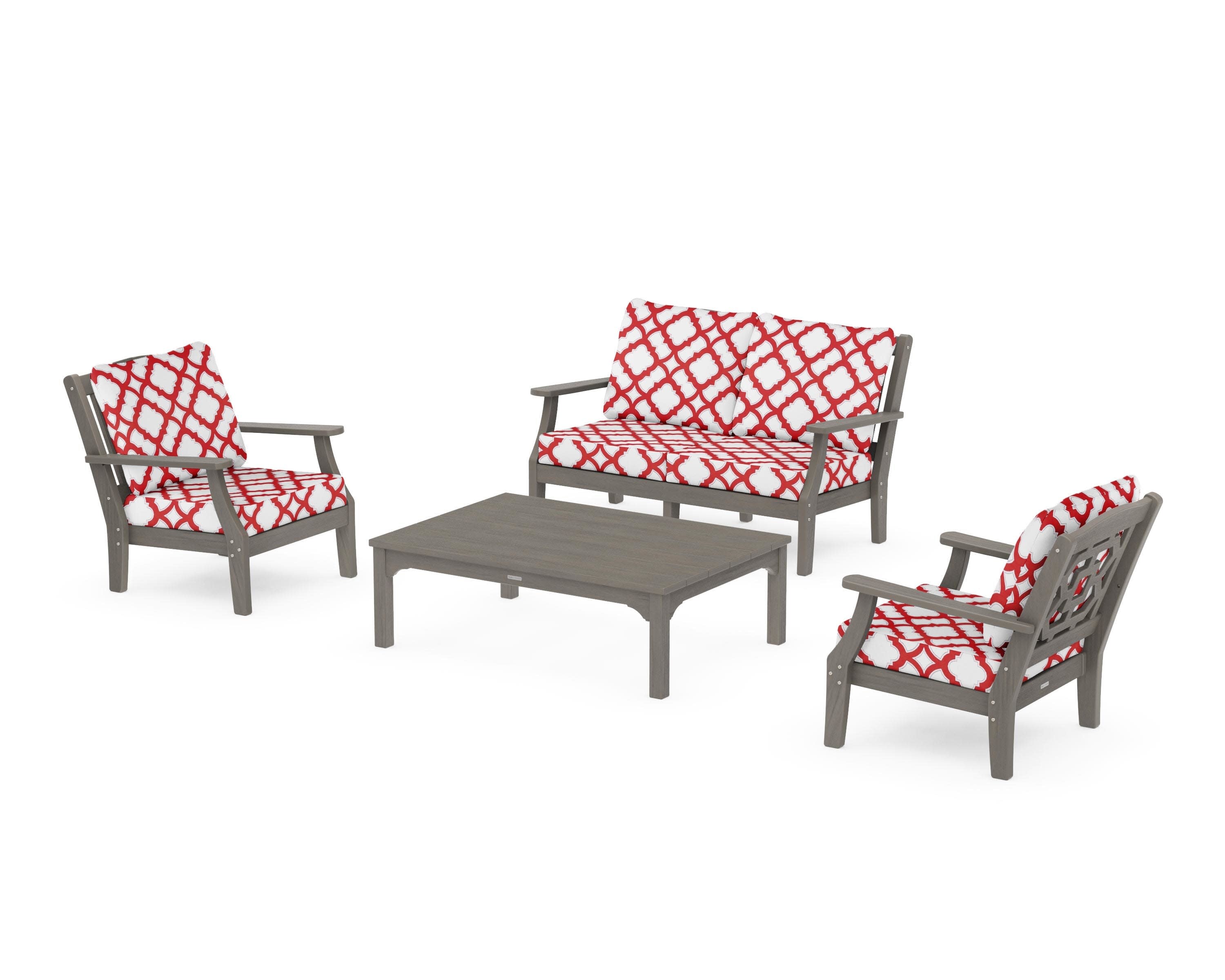 Chinoiserie 4-Piece Deep Seating Set with Loveseat in Driftwood / Trellis Crimson