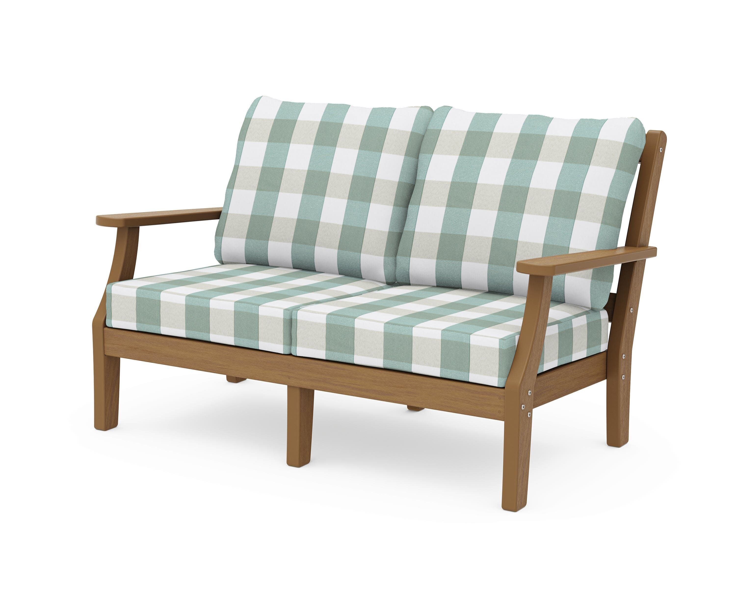 Chinoiserie Deep Seating Loveseat in Natural / Buffalo Plaid Glacier Spa