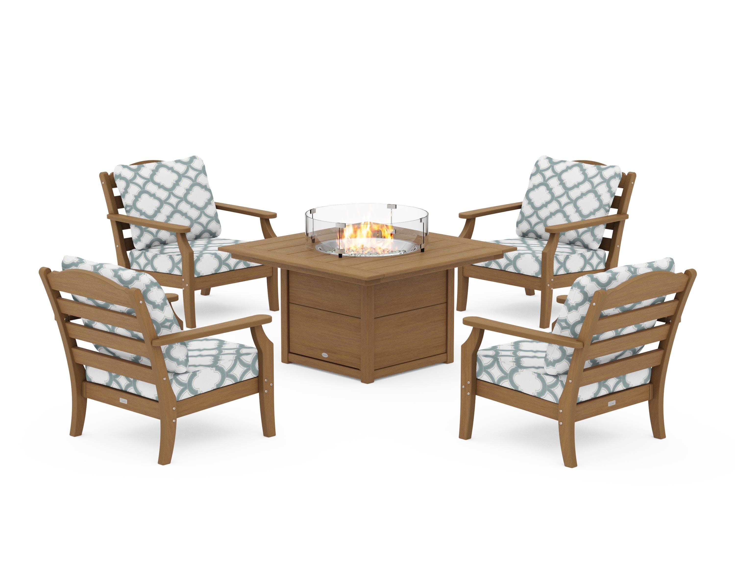 Savannah 5-Piece Deep Seating Set with Fire Pit Table in Natural / Trellis Glacier Spa