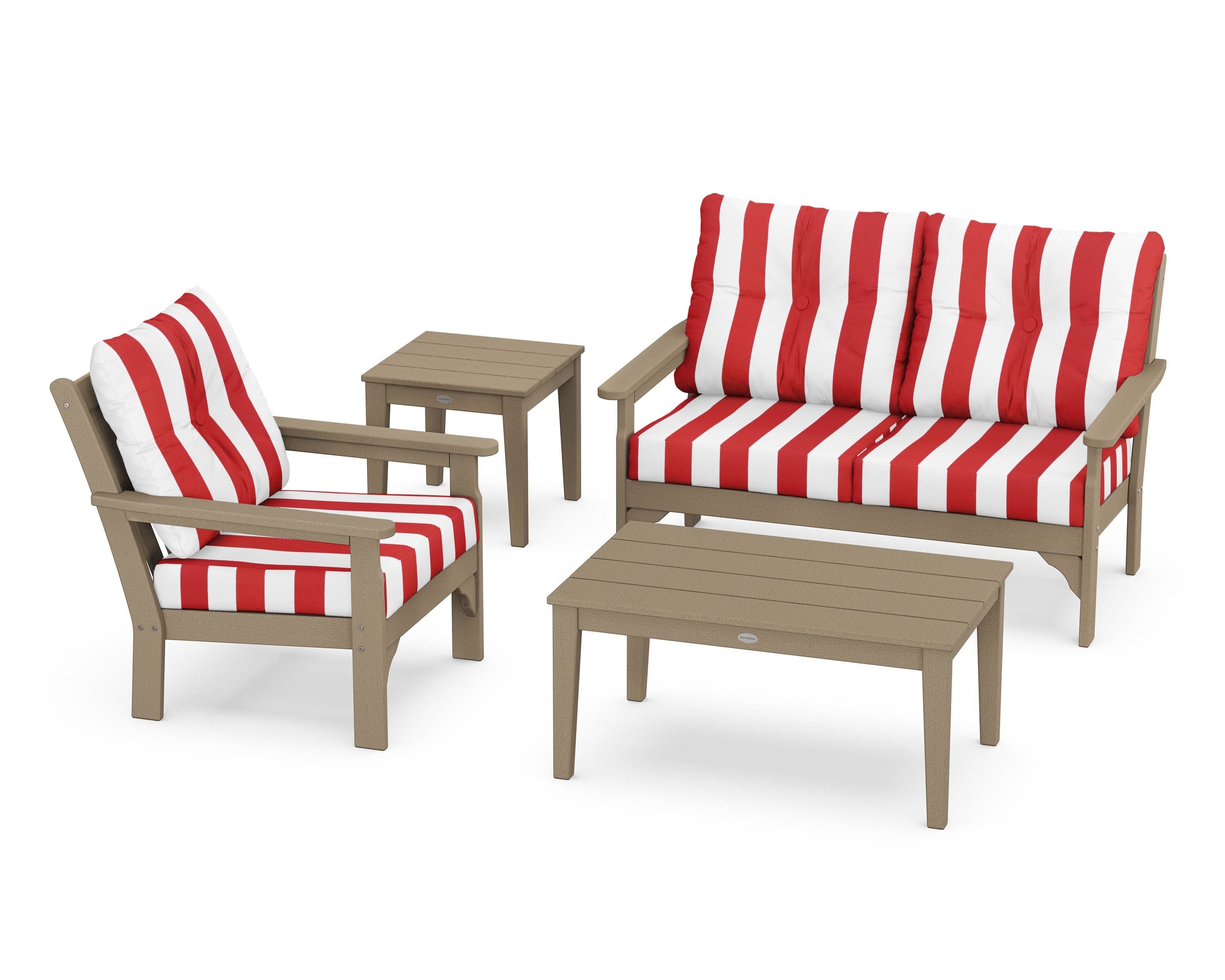 Vineyard 4-Piece Deep Seating Set in Vintage Sahara / Cabana Stripe Crimson