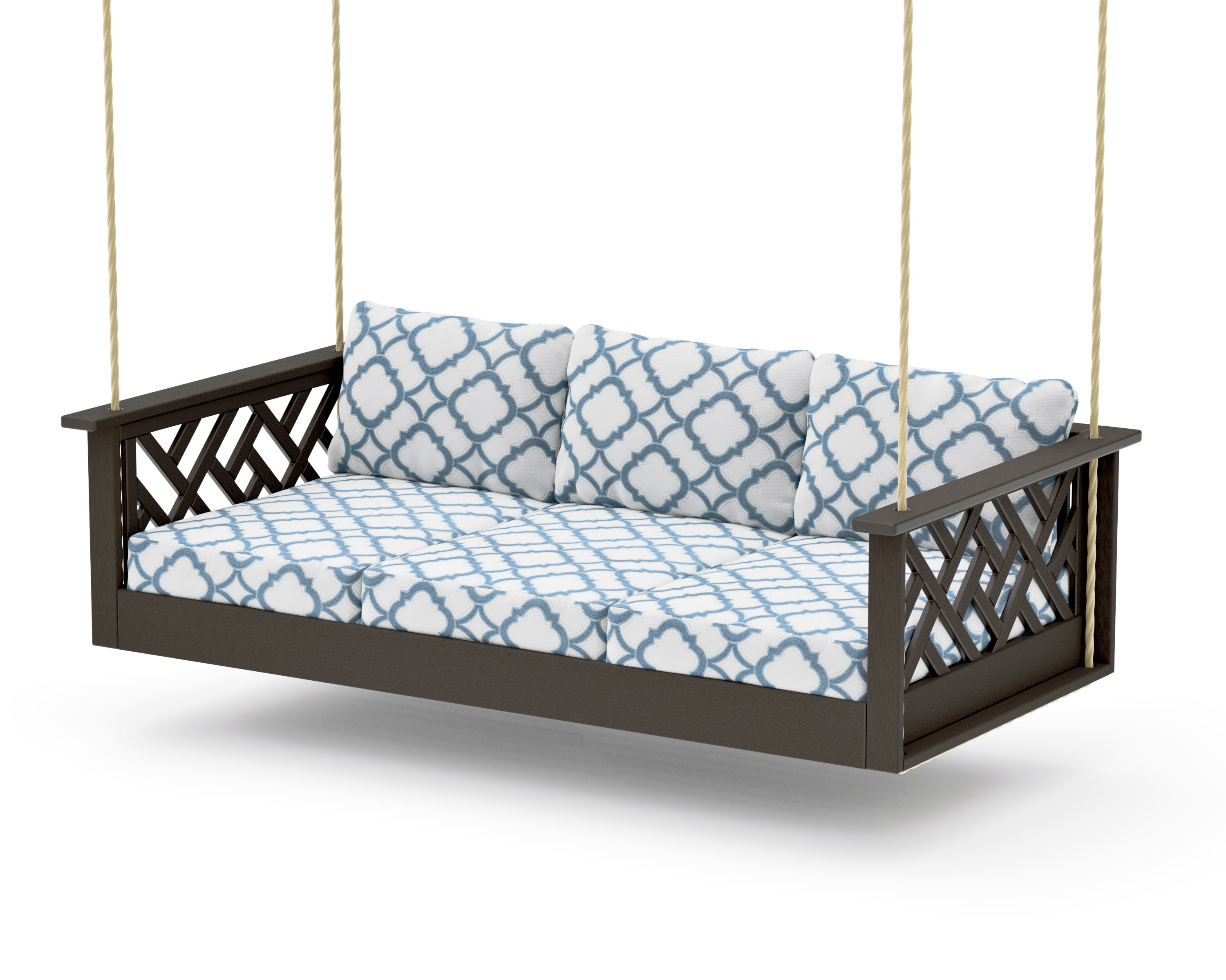 Chippendale Daybed Swing in Vintage Coffee / Trellis Sky Blue