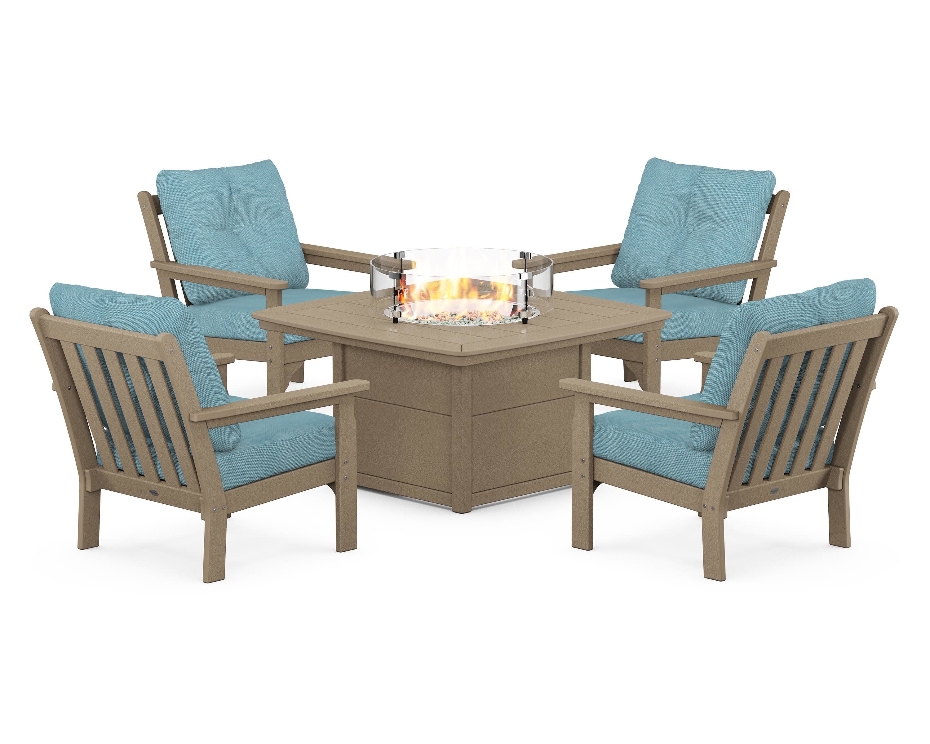 Vineyard 5-Piece Conversation Set with Fire Pit Table in Vintage Sahara / Lattice Sky Blue