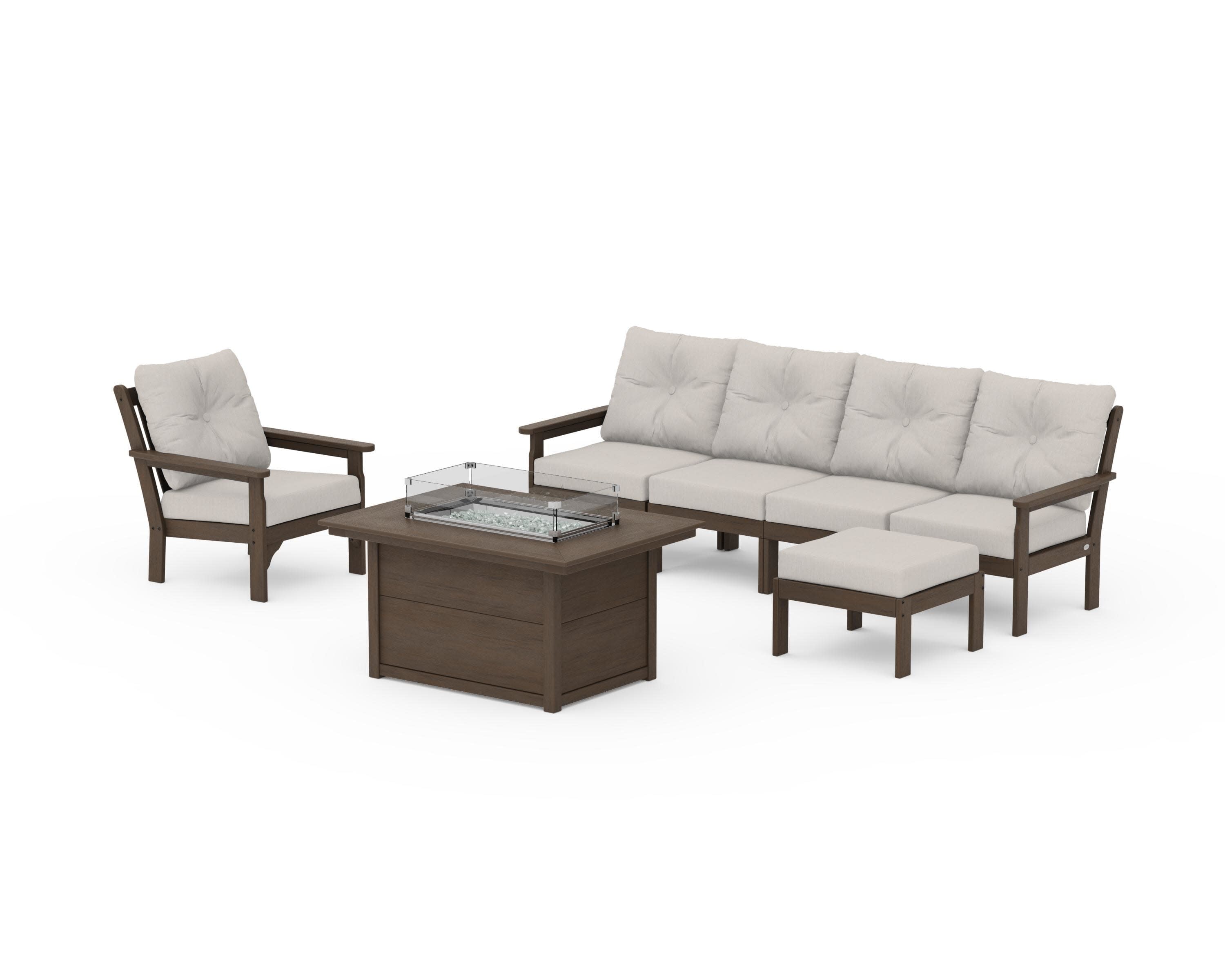 Vineyard Sectional Lounge and Fire Pit Set in Kona / Cast Ash