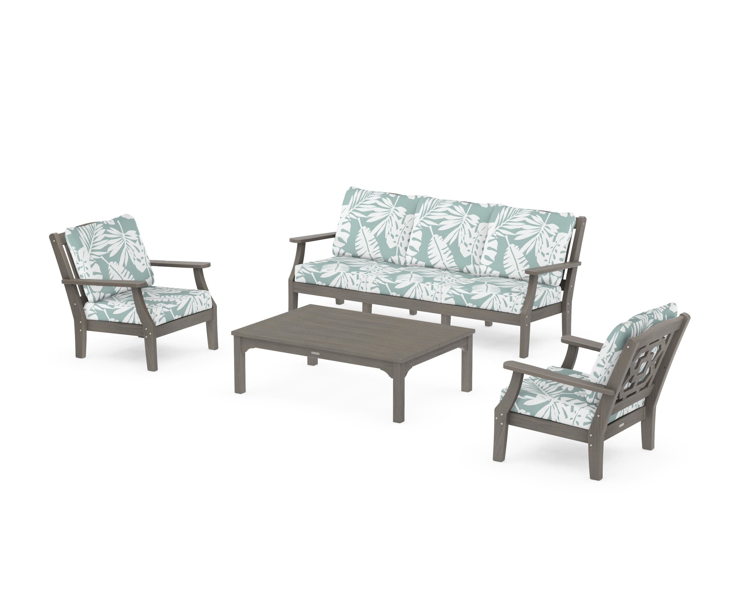 Chinoiserie 4-Piece Deep Seating Set with Sofa in Driftwood / Leaf Glacier Spa