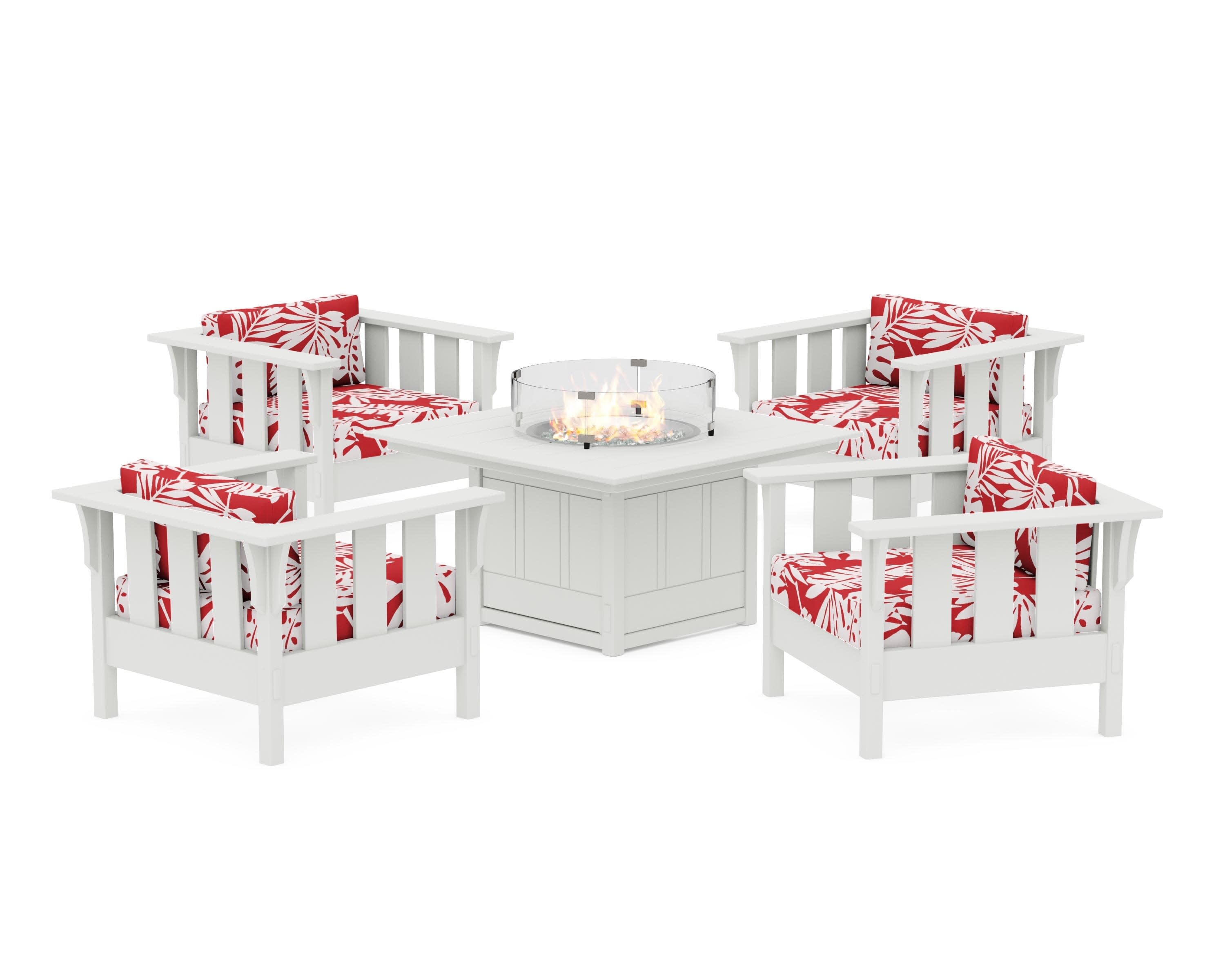 Acadia 5-Piece Deep Seating Set with Fire Pit Table in White / Leaf Crimson