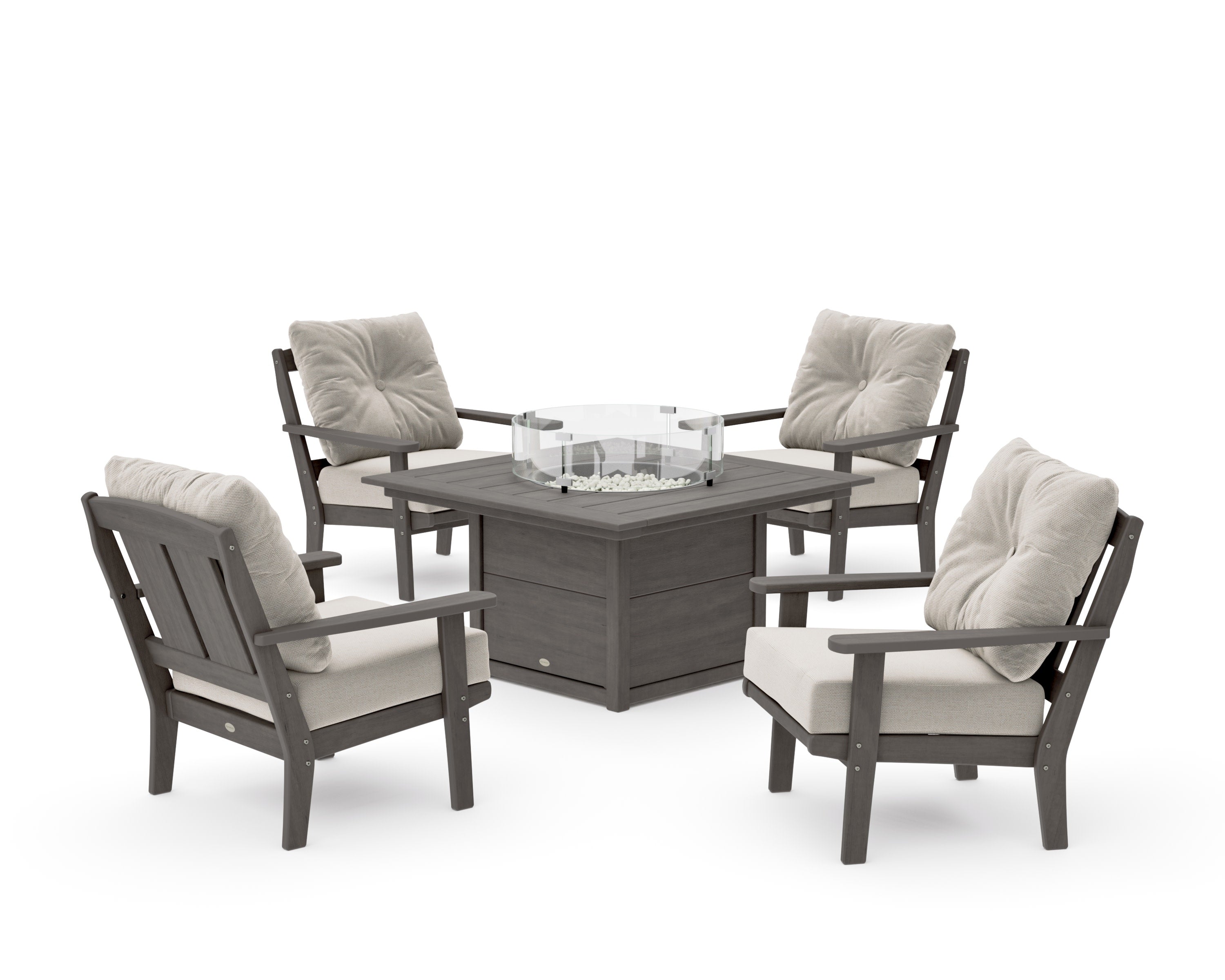 Mission 5-Piece Deep Seating Set with Fire Pit Table in Driftwood / Dune Burlap