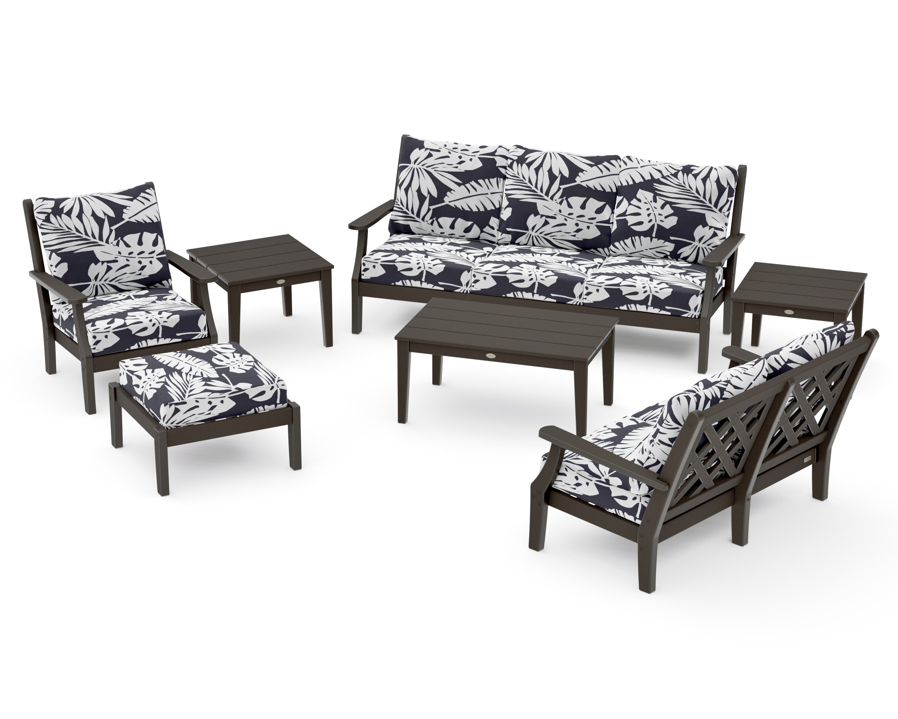 Wovendale 7-Piece Deep Seating Set in Vintage Coffee / Leaf Navy