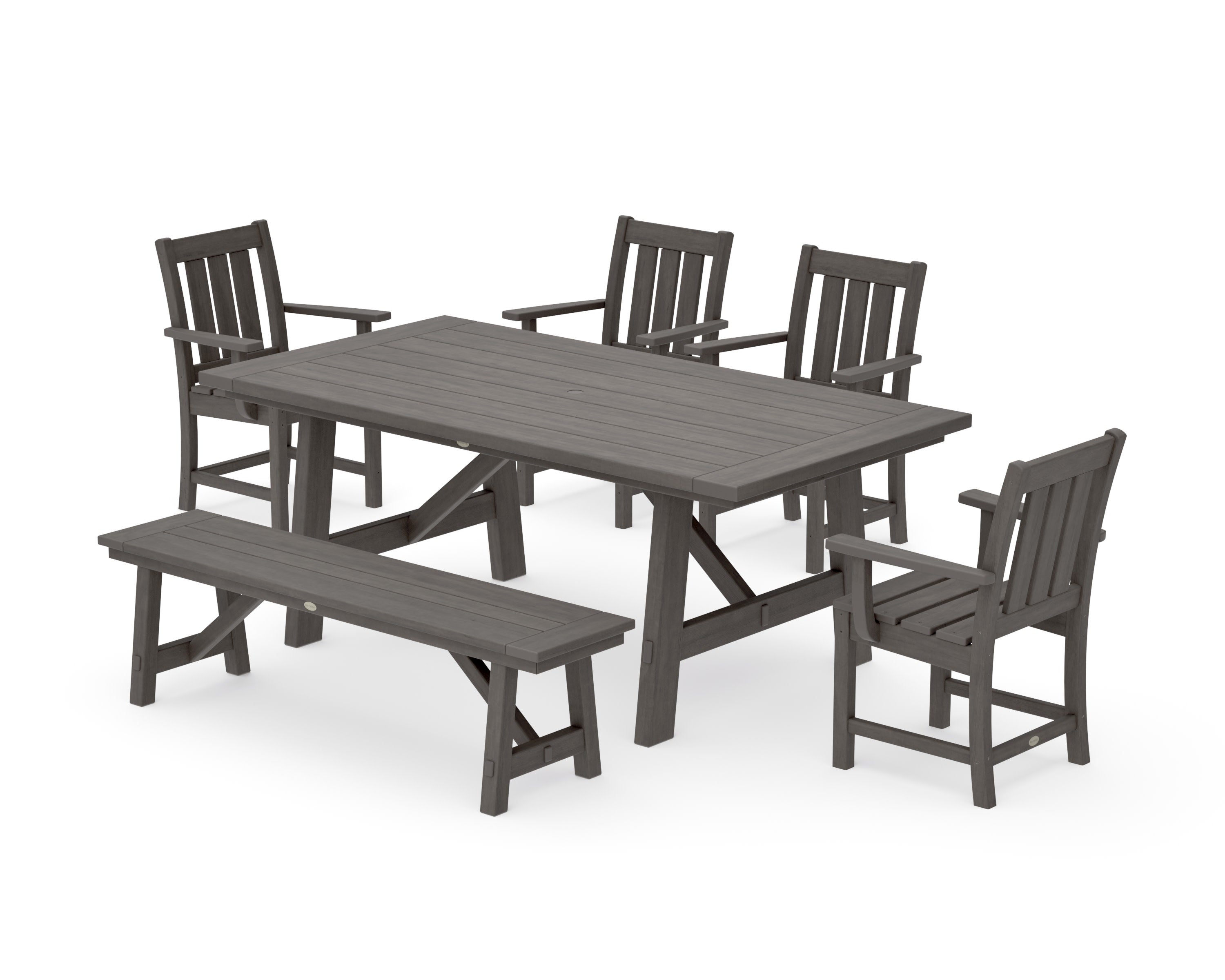 Oxford 6-Piece Rustic Farmhouse Dining Set with Bench in Driftwood