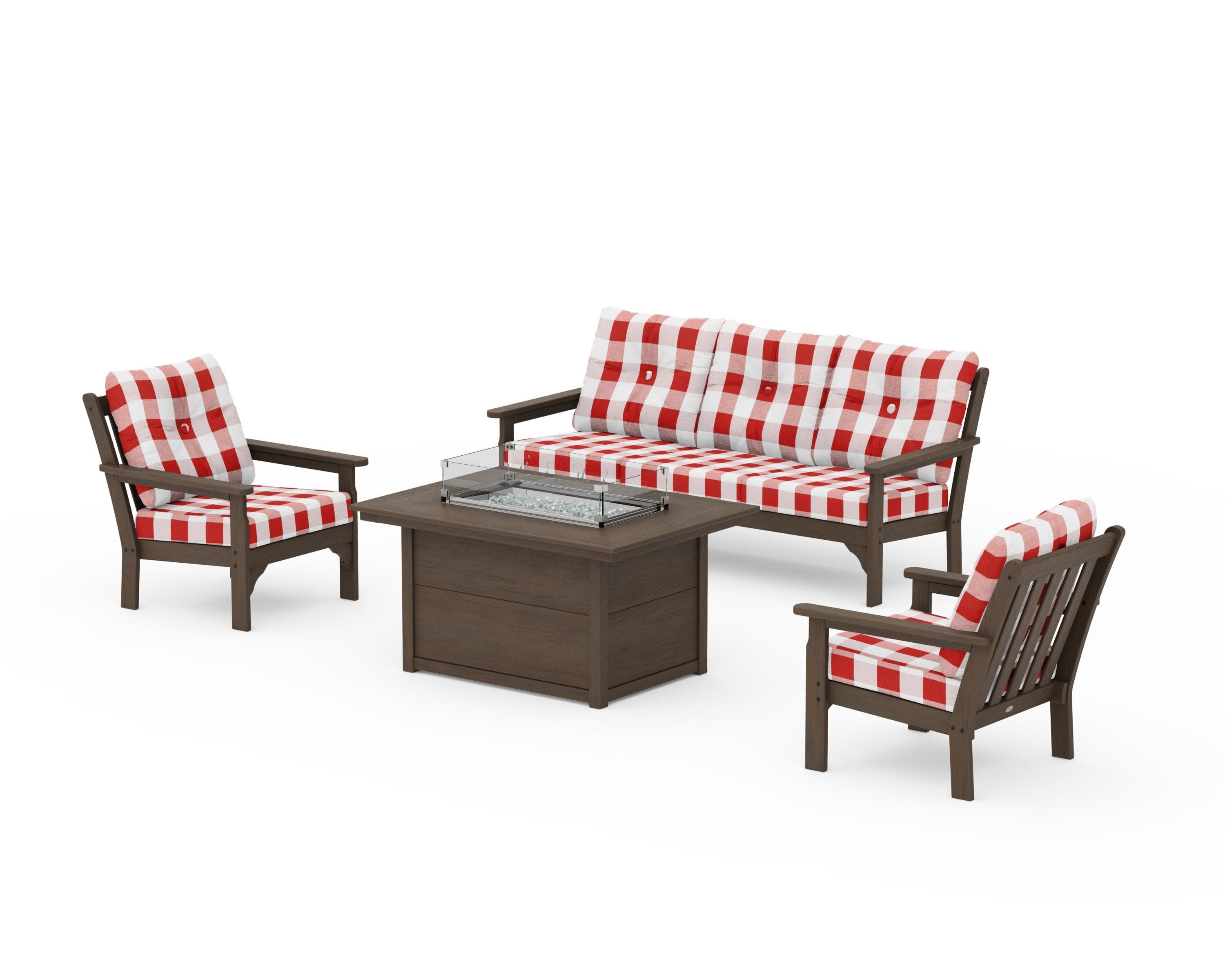 Vineyard Deep Seating Fire Pit Table Set in Kona / Buffalo Plaid Crimson