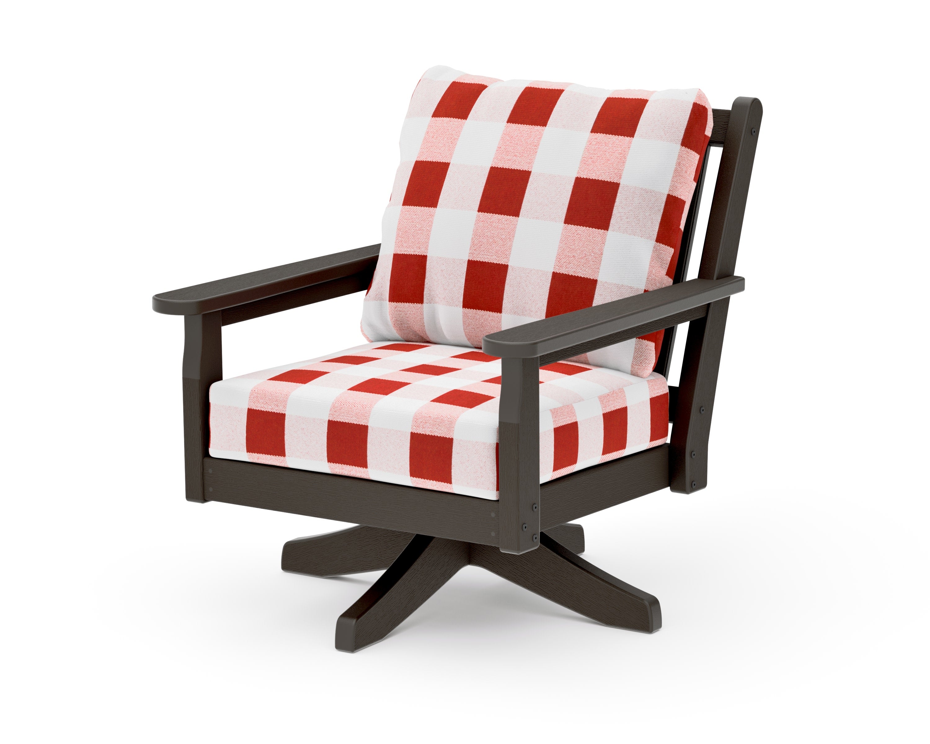 Chippendale Deep Seating Swivel Chair in Vintage Coffee / Buffalo Plaid Crimson