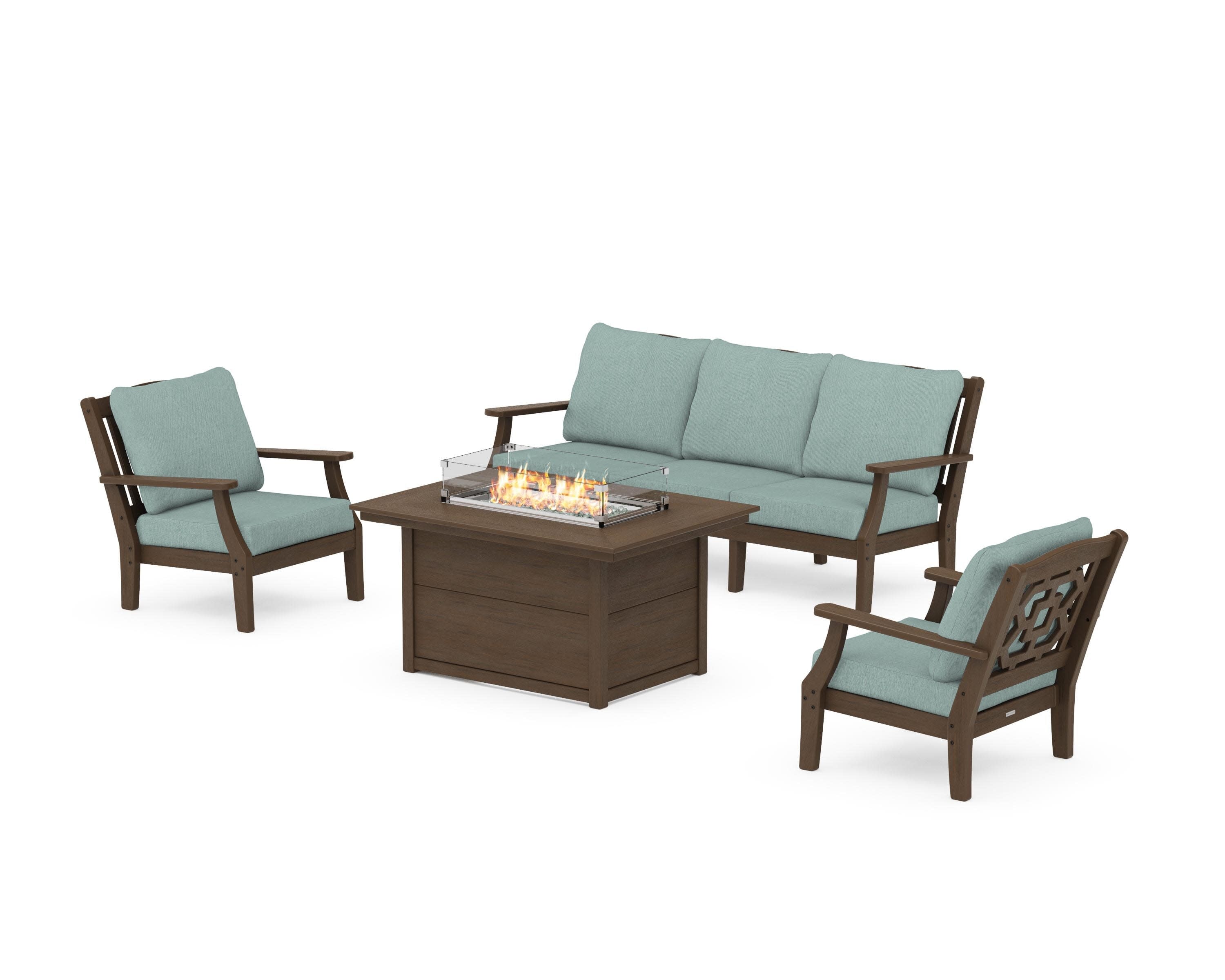 Chinoiserie Deep Seating Fire Pit Table Set in Kona / Glacier Spa