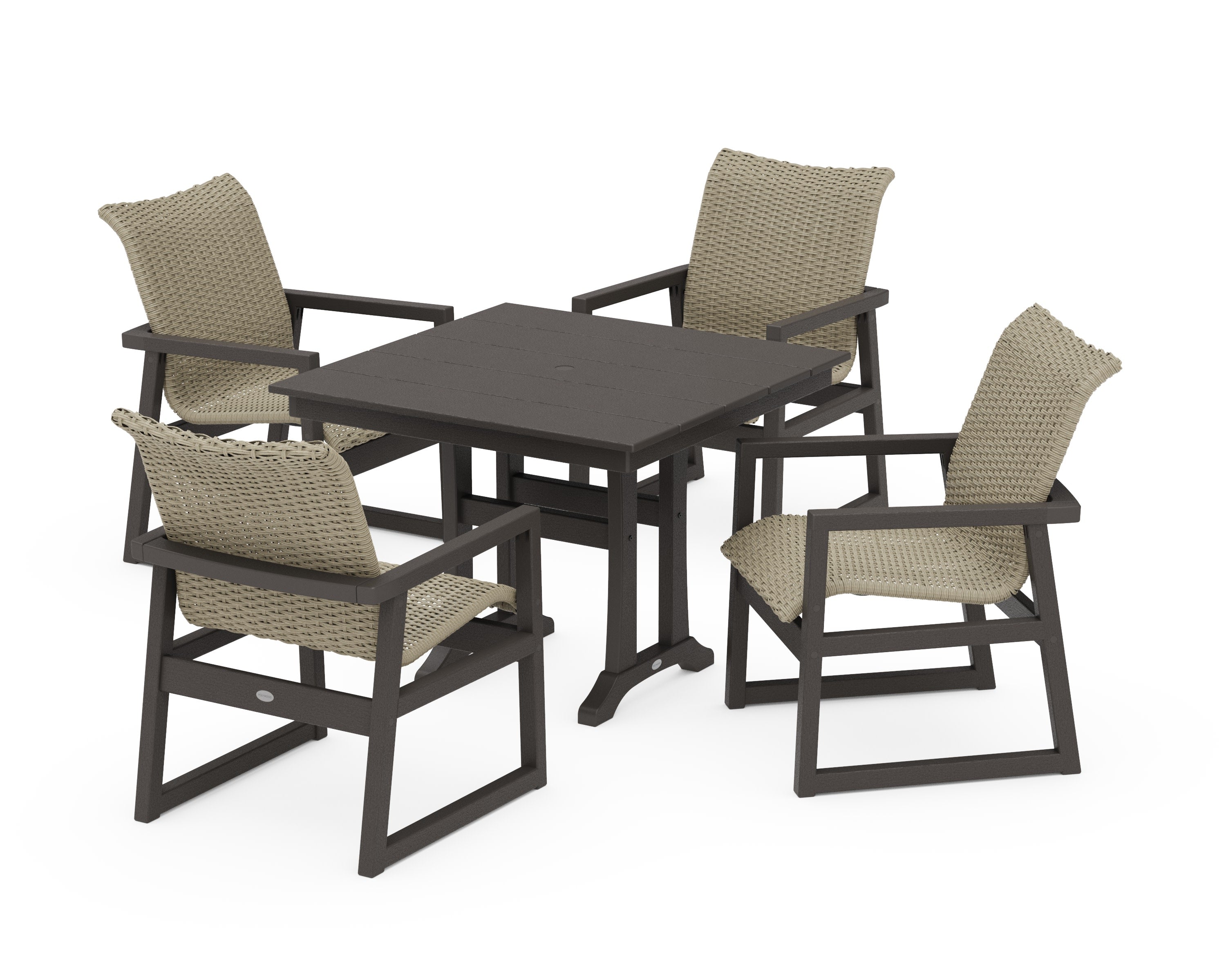 EDGE Woven 5-Piece Farmhouse Dining Set with Trestle Legs in Vintage Coffee / Dune Grass