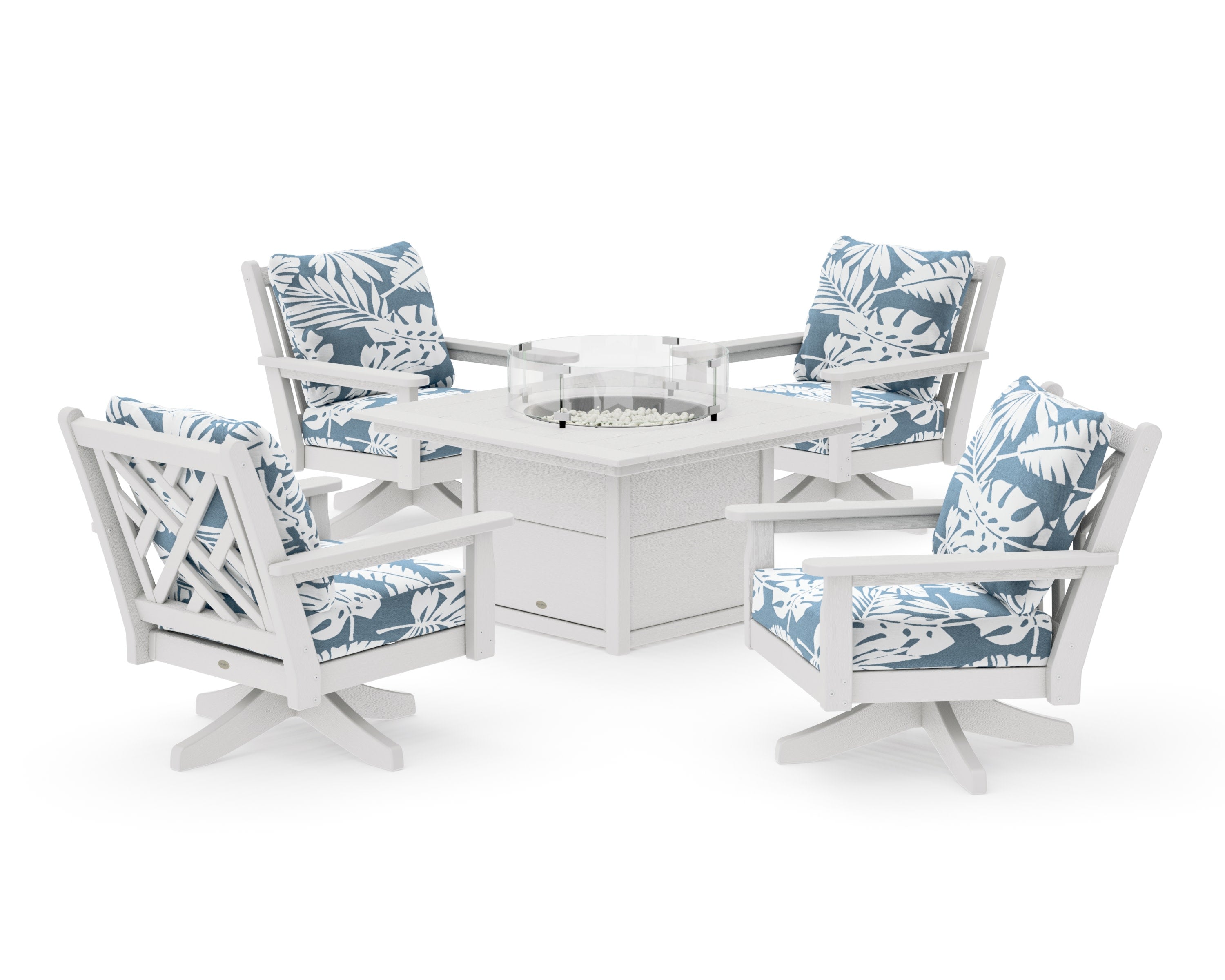 Chippendale 5-Piece Deep Seating Swivel Conversation Set with Fire Pit Table in Vintage White / Leaf Sky Blue