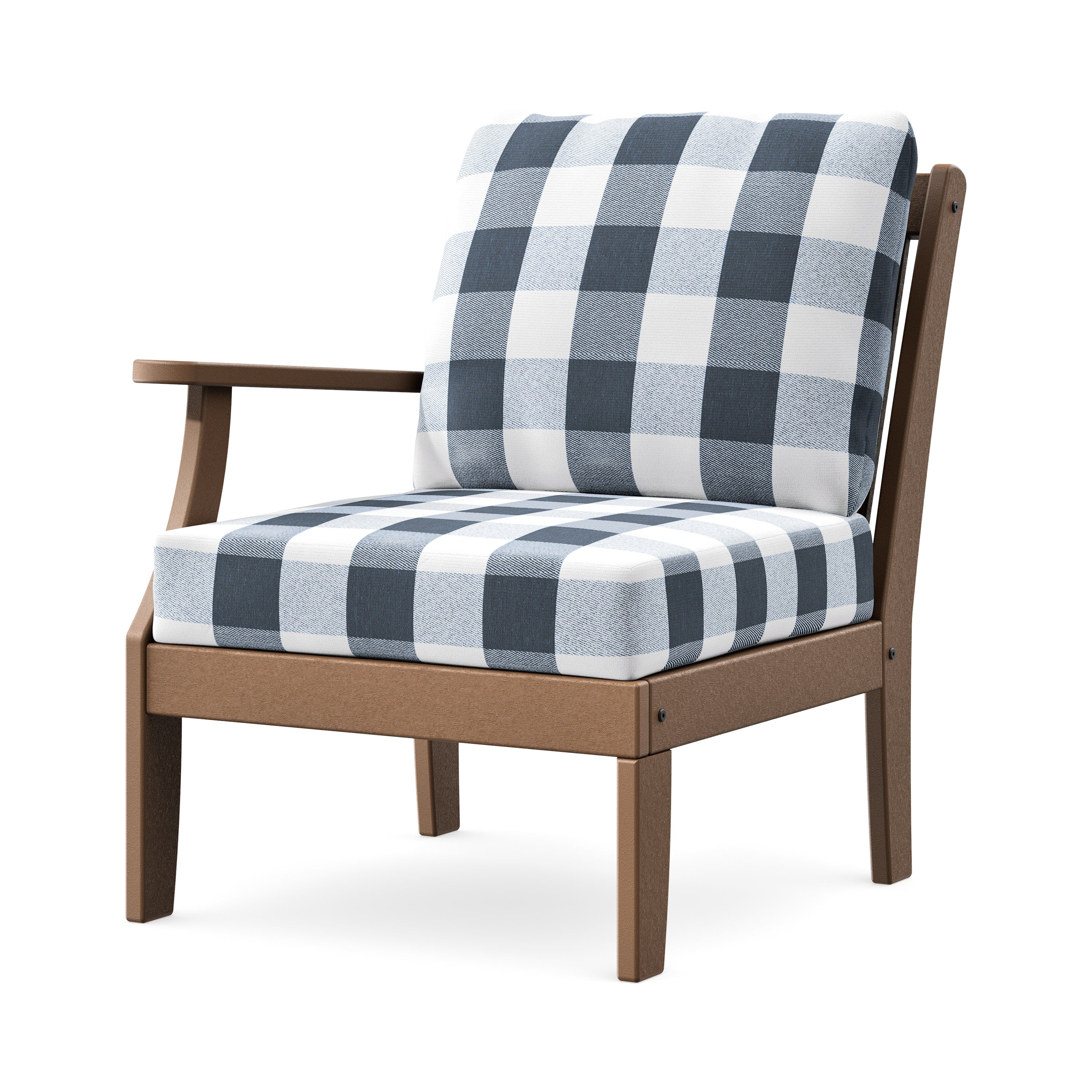 Braxton Modular Left Arm Chair in Teak / Buffalo Plaid Marine Indigo