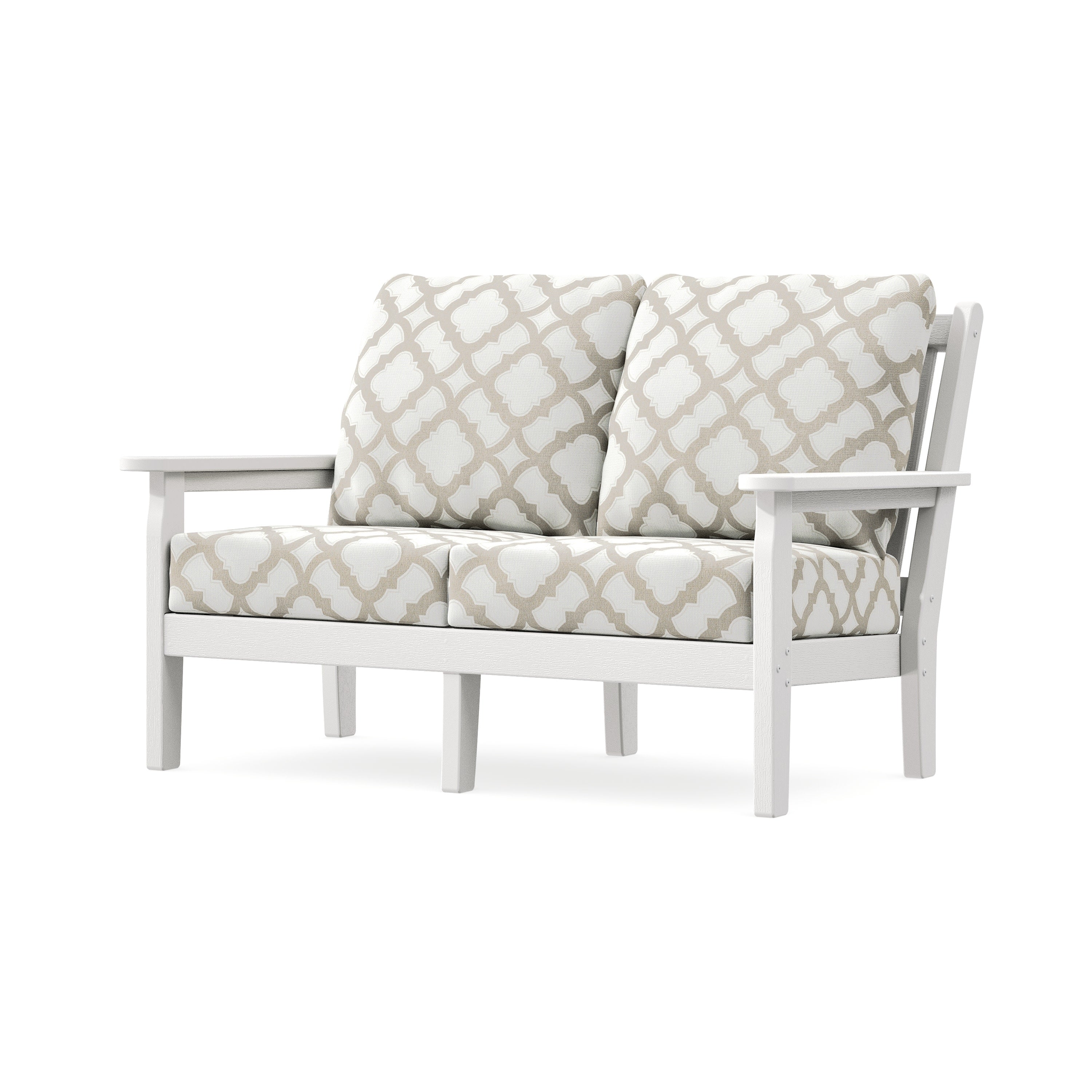 Chippendale Deep Seating Loveseat in Vintage White / Trellis Dune Burlap