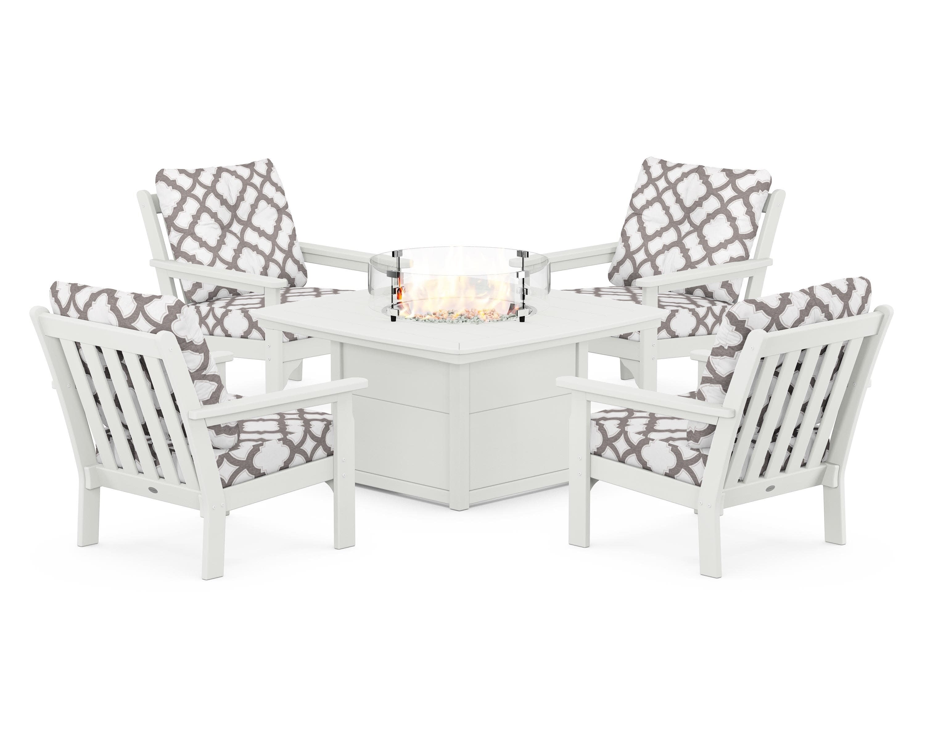 Vineyard 5-Piece Conversation Set with Fire Pit Table in Vintage White / Trellis Grey Mist