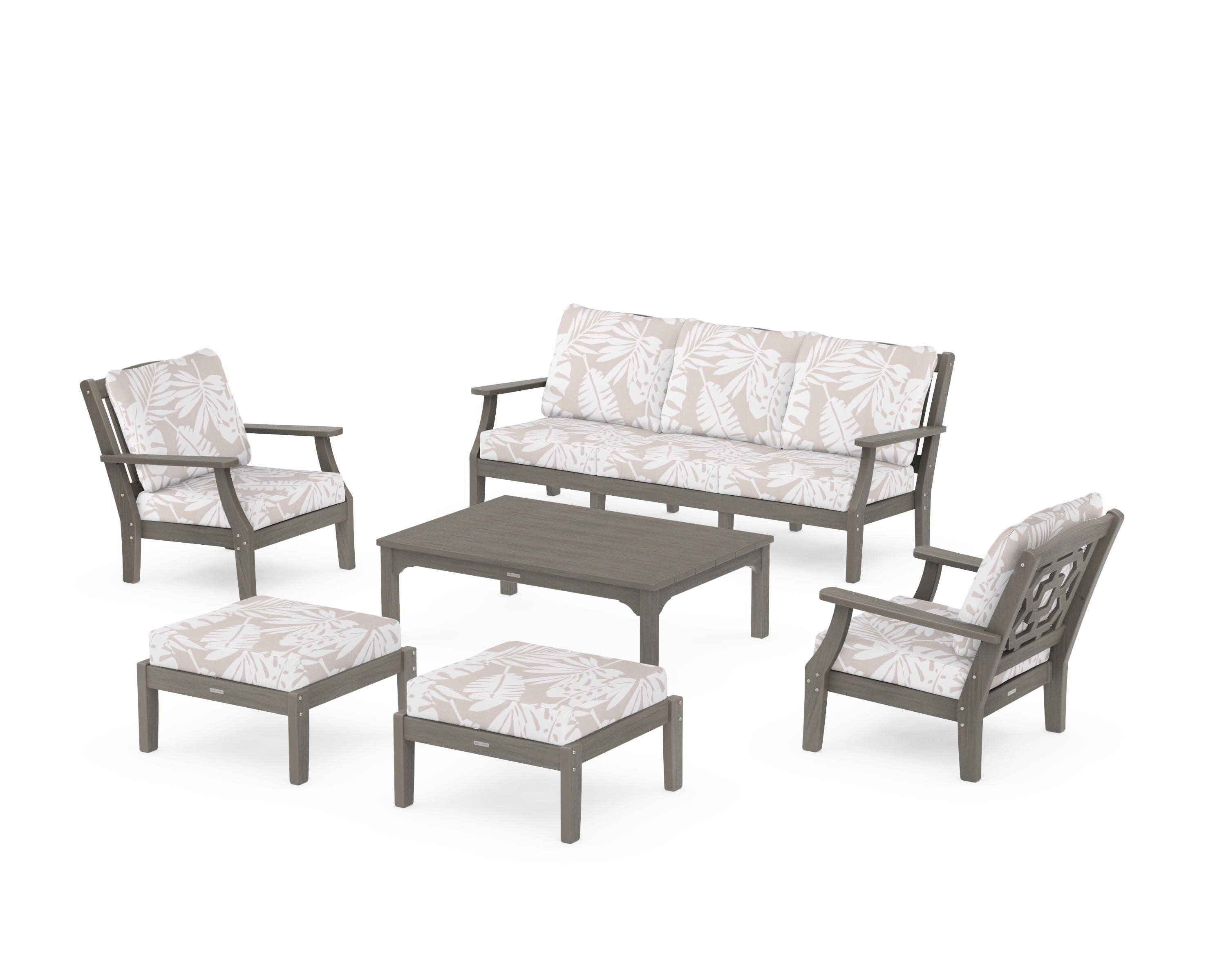 Chinoiserie 6-Piece Lounge Sofa Set in Driftwood / Leaf Dune Burlap
