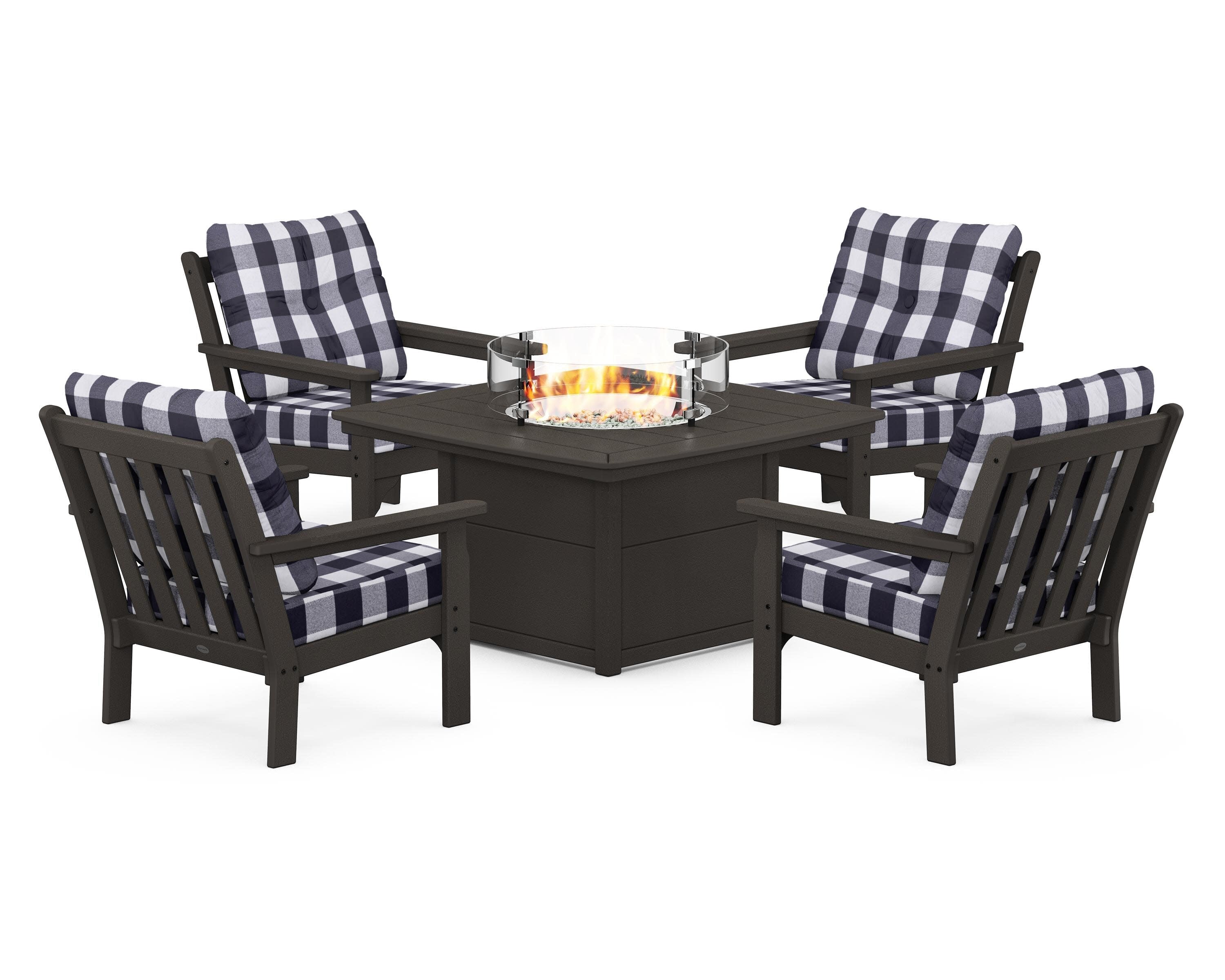 Vineyard 5-Piece Conversation Set with Fire Pit Table in Vintage Coffee / Buffalo Plaid Navy