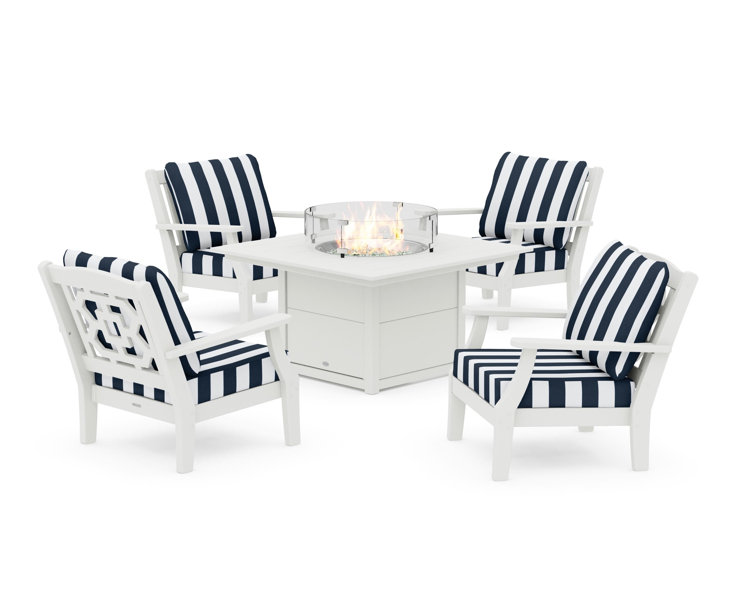 Chinoiserie 5-Piece Deep Seating Set with Fire Pit Table in Vintage White / Cabana Stripe Marine Indigo