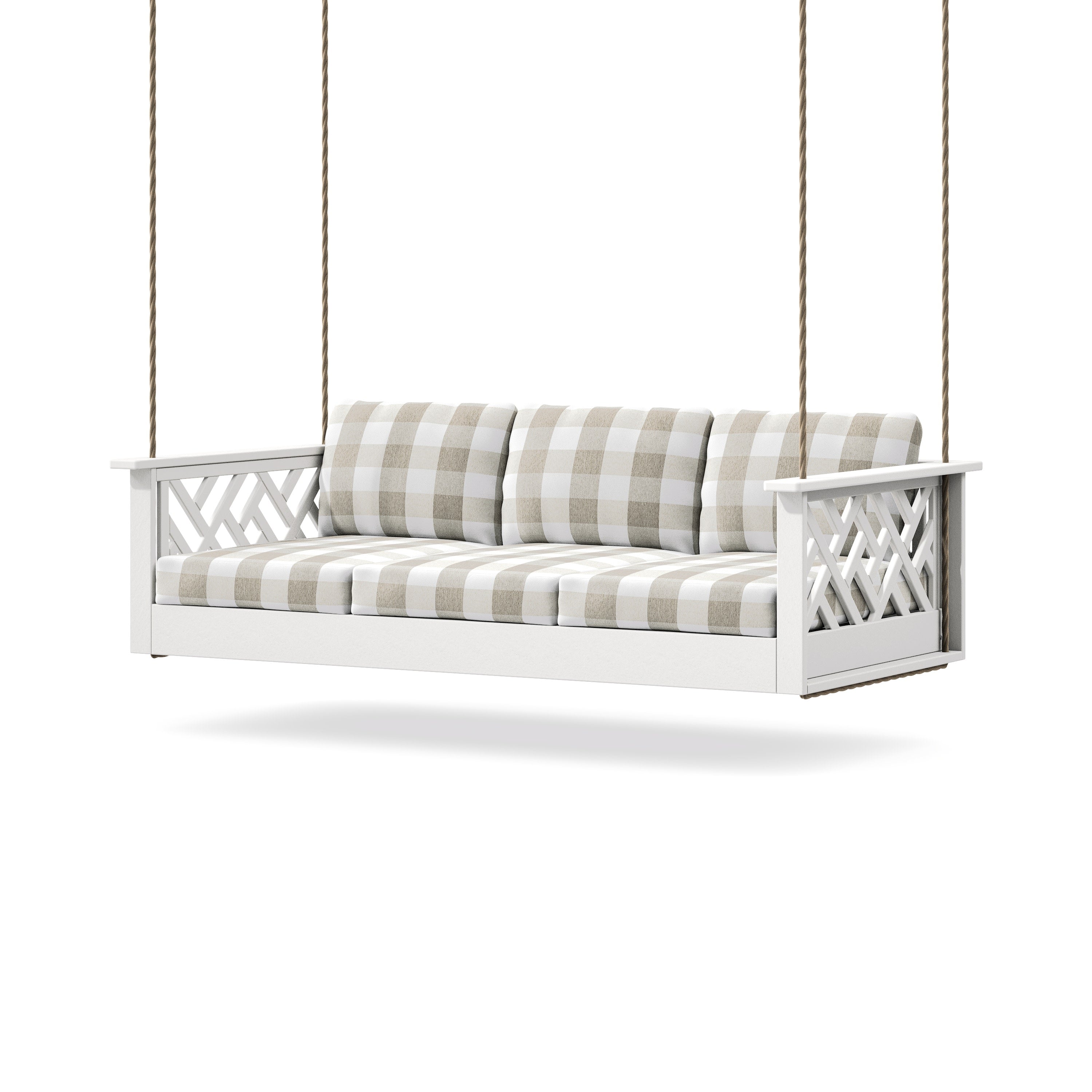 Chippendale Daybed Swing in White / Buffalo Plaid Dune Burlap