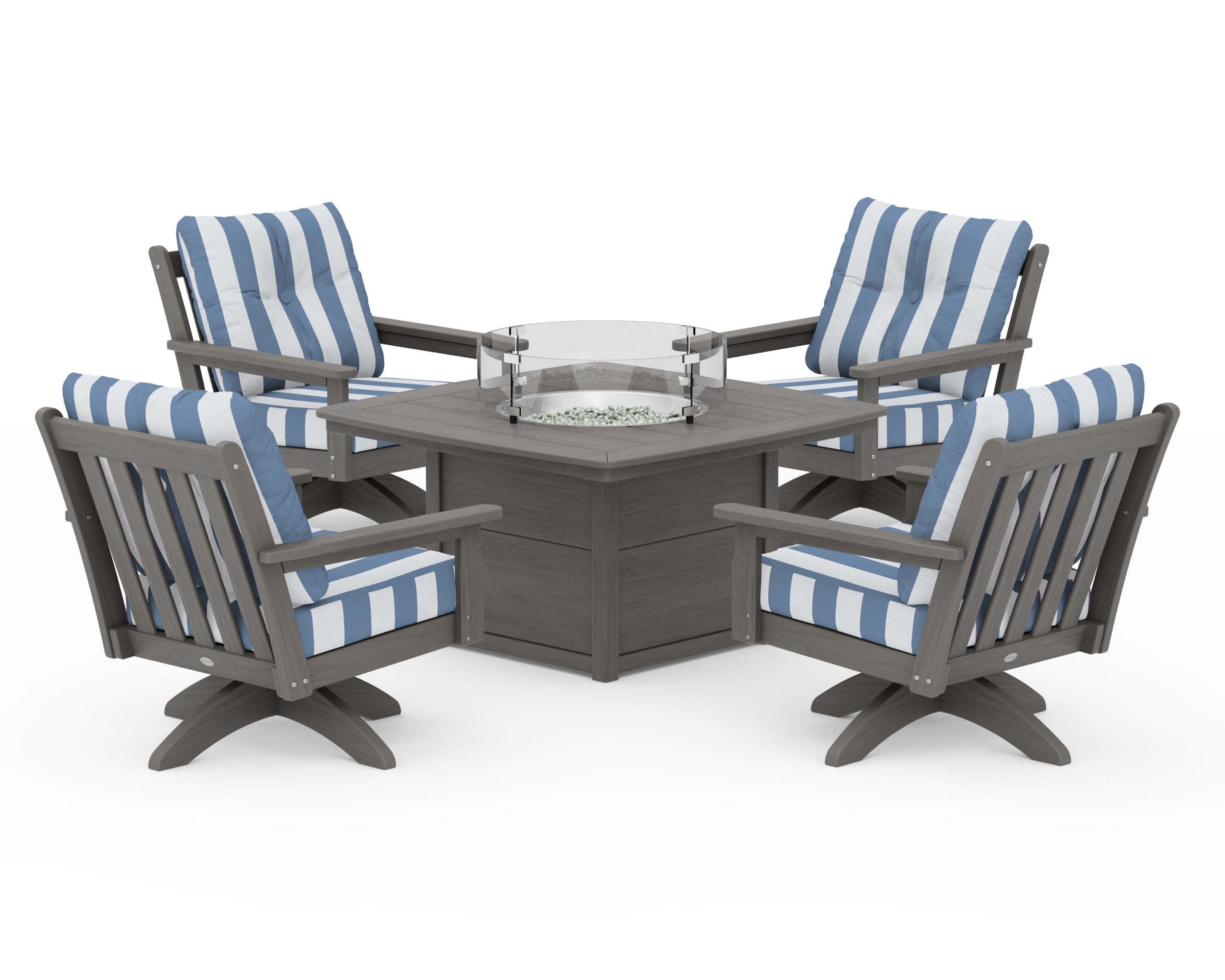 Vineyard 5-Piece Deep Seating Swivel Conversation Set with Fire Pit Table in Driftwood / Cabana Stripe Sky Blue